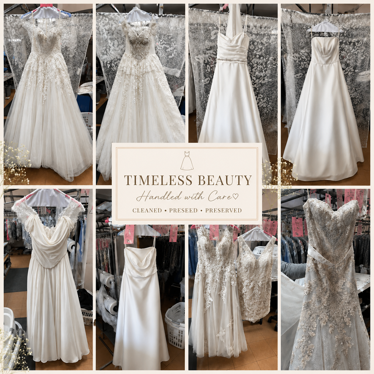 Wedding gown cleaning, pressing, and preservation services at Joy Cleaners.