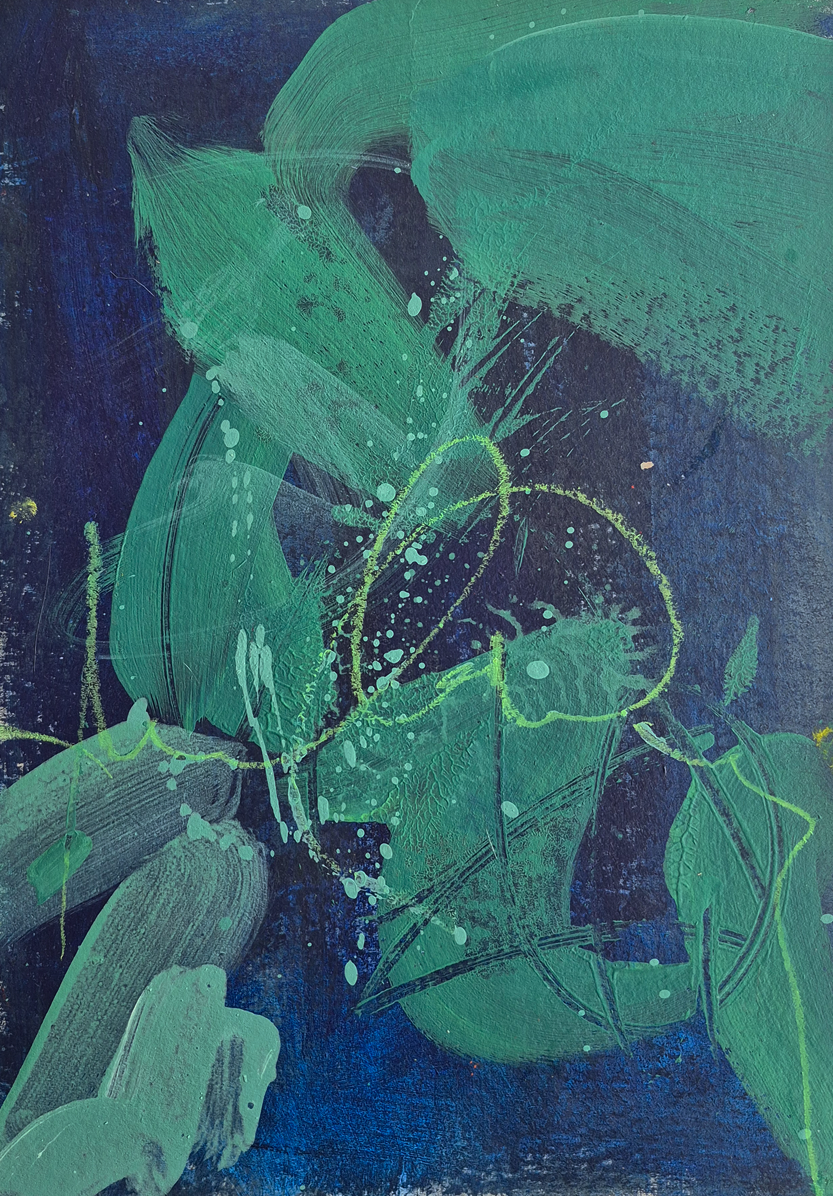 Abstract Exploration I,  acrylic and oil pastel on cardboard, 29.5 x 41.5 cm, 2025