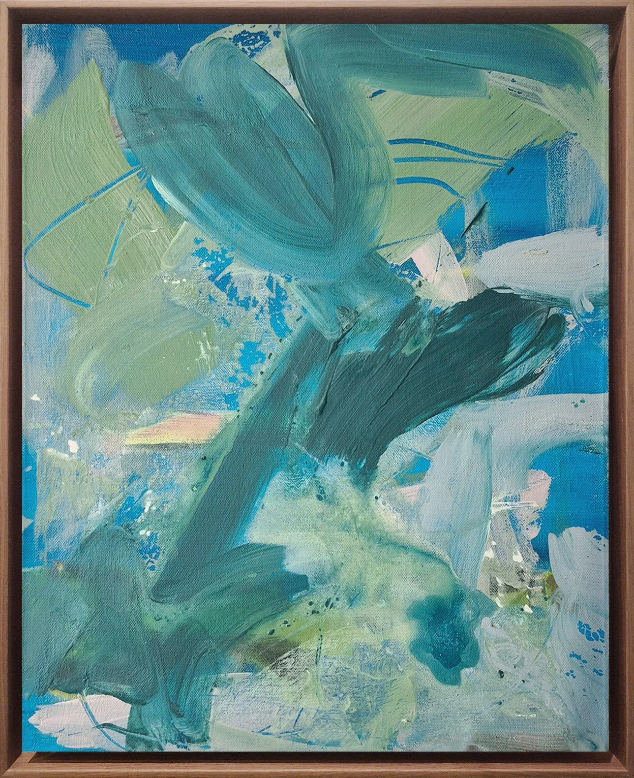   Untitled (Pink and Green Splash)     acrylic and ink on canvas, 50 x 40 cm (framed), 2025, available to purchase