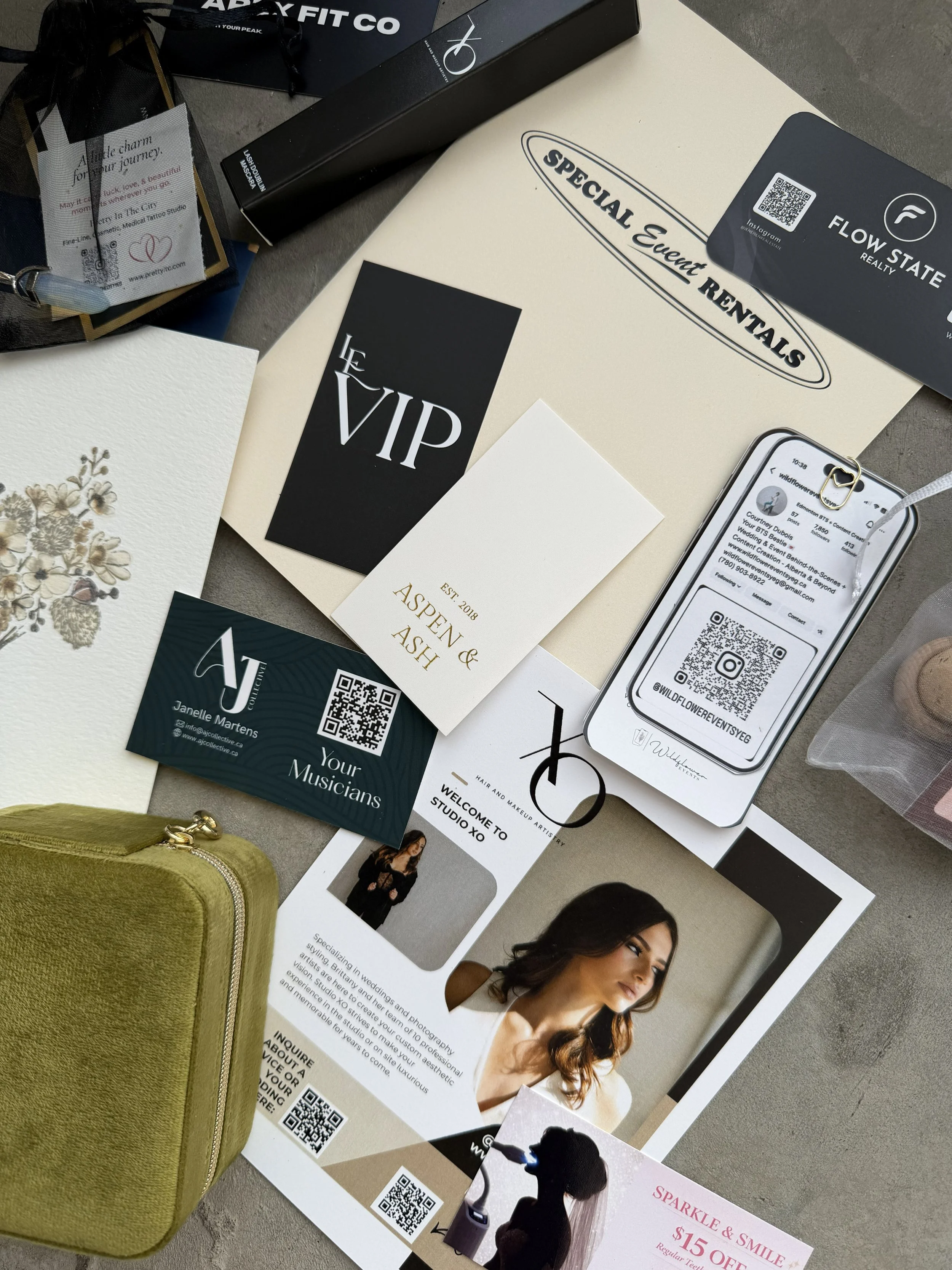 Flatlay Photograph of Guests VIP Goodie Bag at The Pendennis in Edmonton Alberta taken by local content creator
