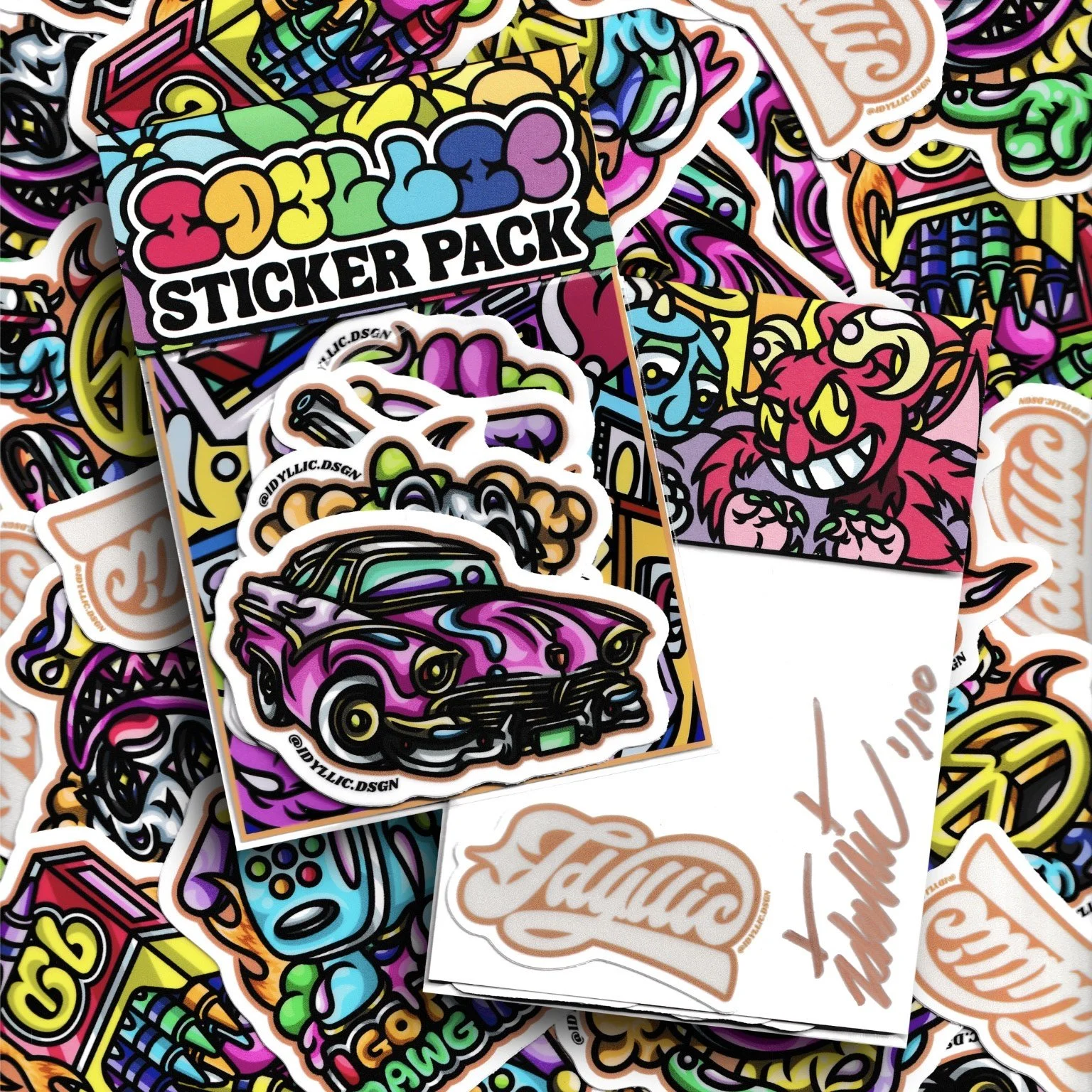idyllic design sticker pack with signed mini print limited edition pop art cartoon artwork stciker pack bold line pop art stickers.jpeg