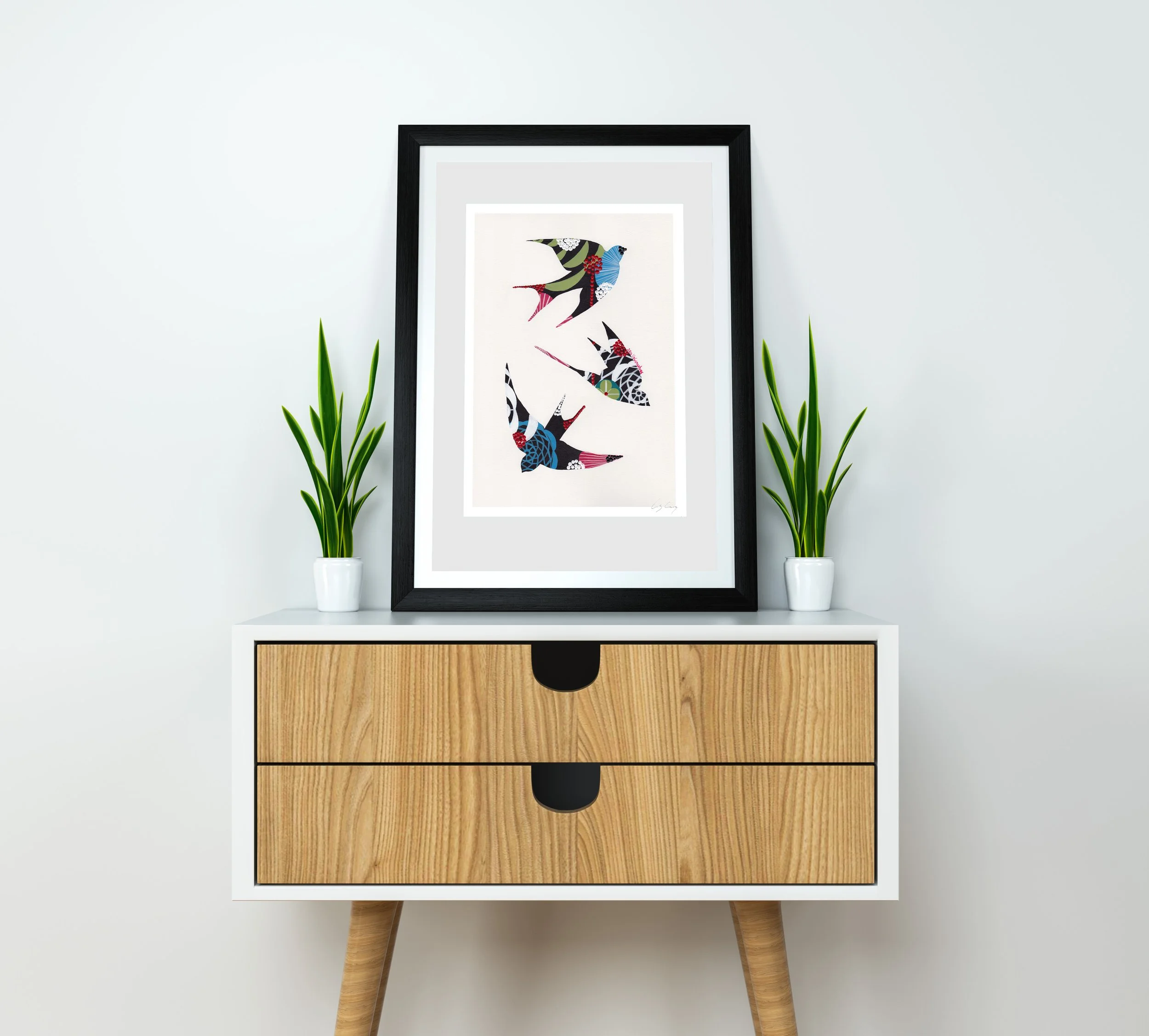 Swallows (Black) - Fine art print by Lis Gonçalves. A modern and colourful take on a famous Portuguese icon.