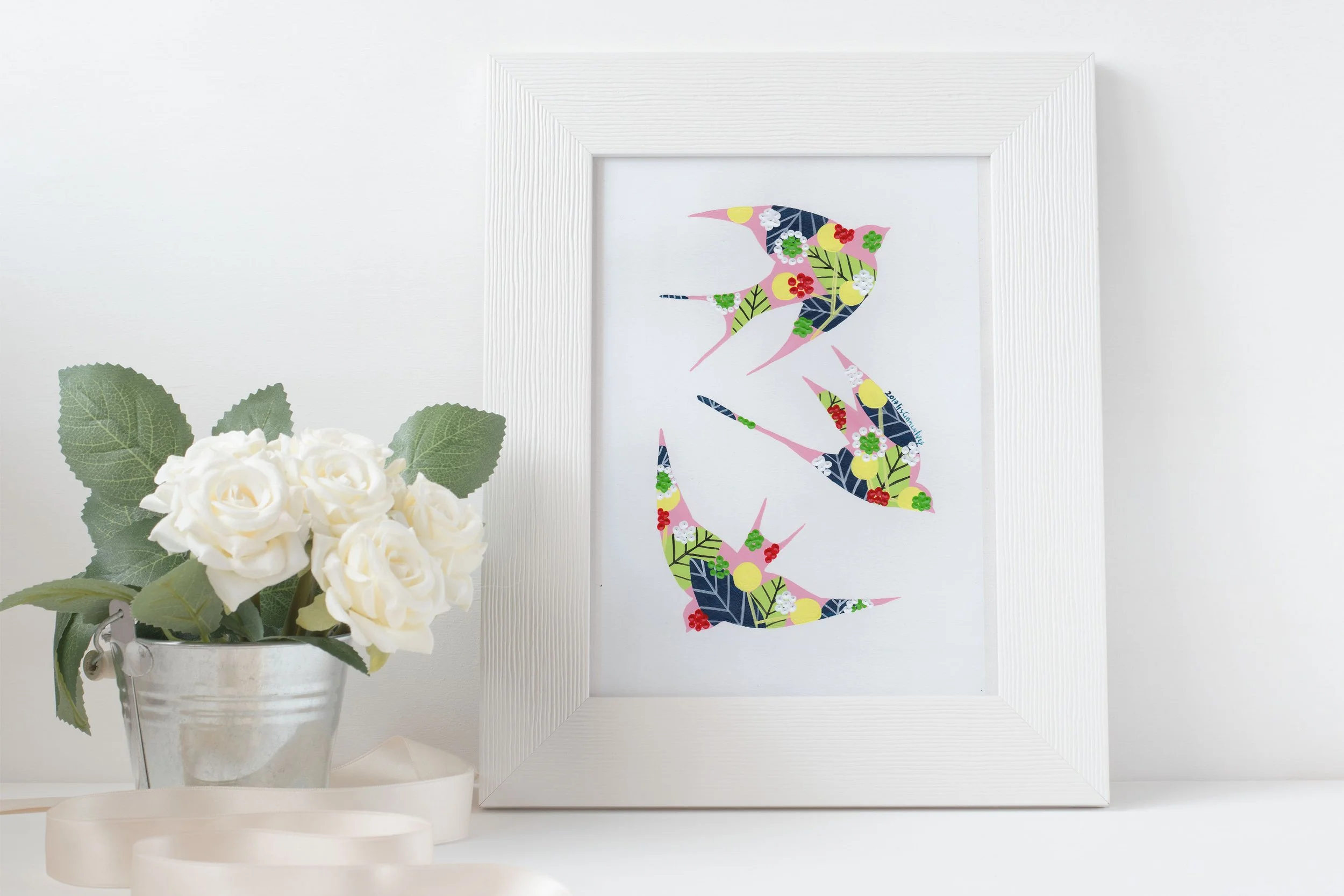 Swallows (Pink #2) - Fine art print by Lis Gonçalves. A modern and colourful take on a famous Portuguese icon.