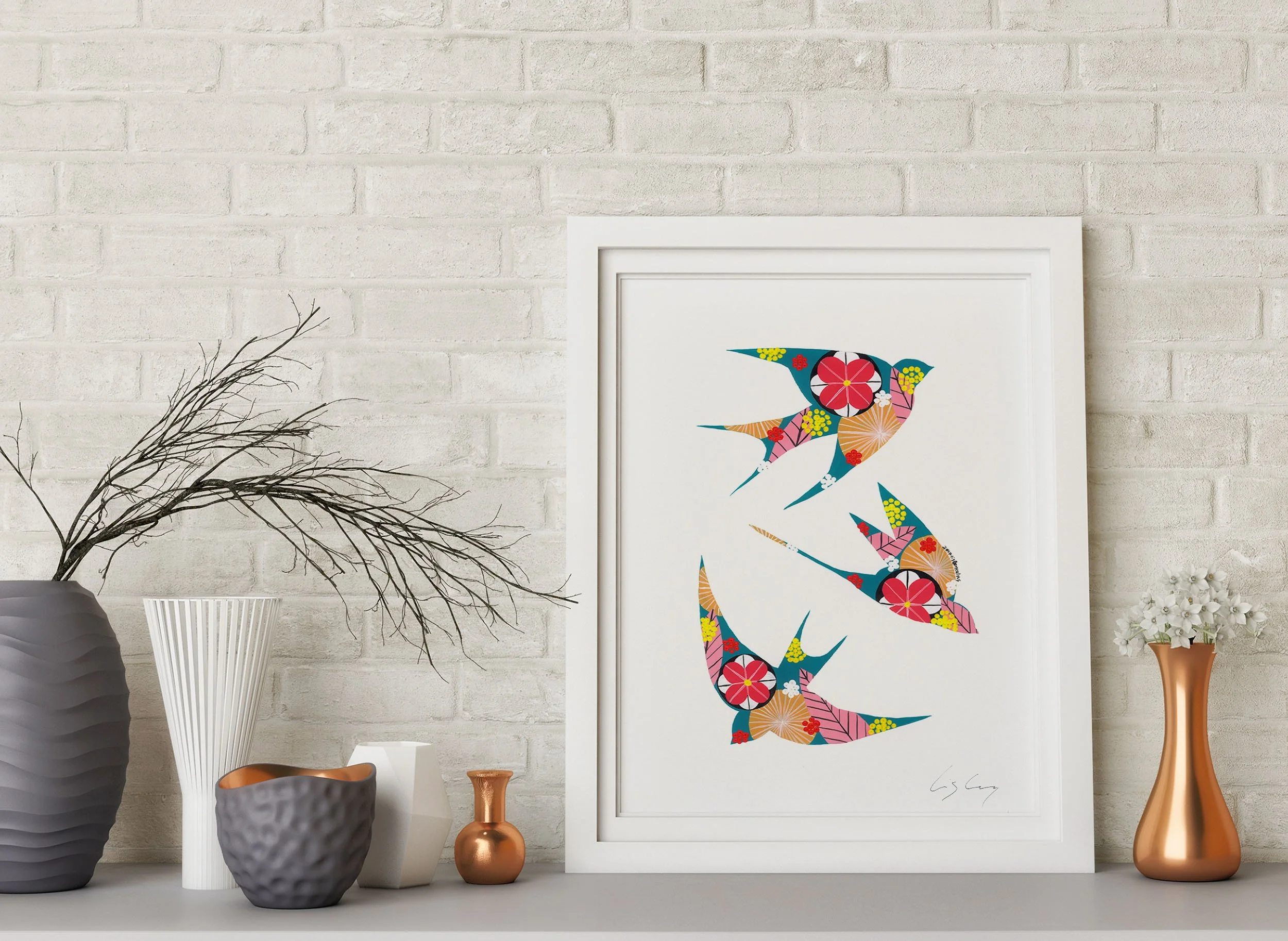 Swallows (Teal #2) - Fine art print by Lis Gonçalves. A modern and colourful take on a famous Portuguese icon.