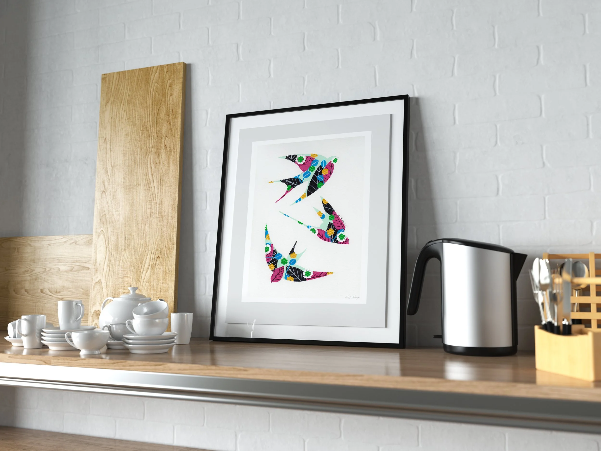 Swallows (Aqua #2) - Fine art print by Lis Gonçalves. A modern and colourful take on a famous Portuguese icon.