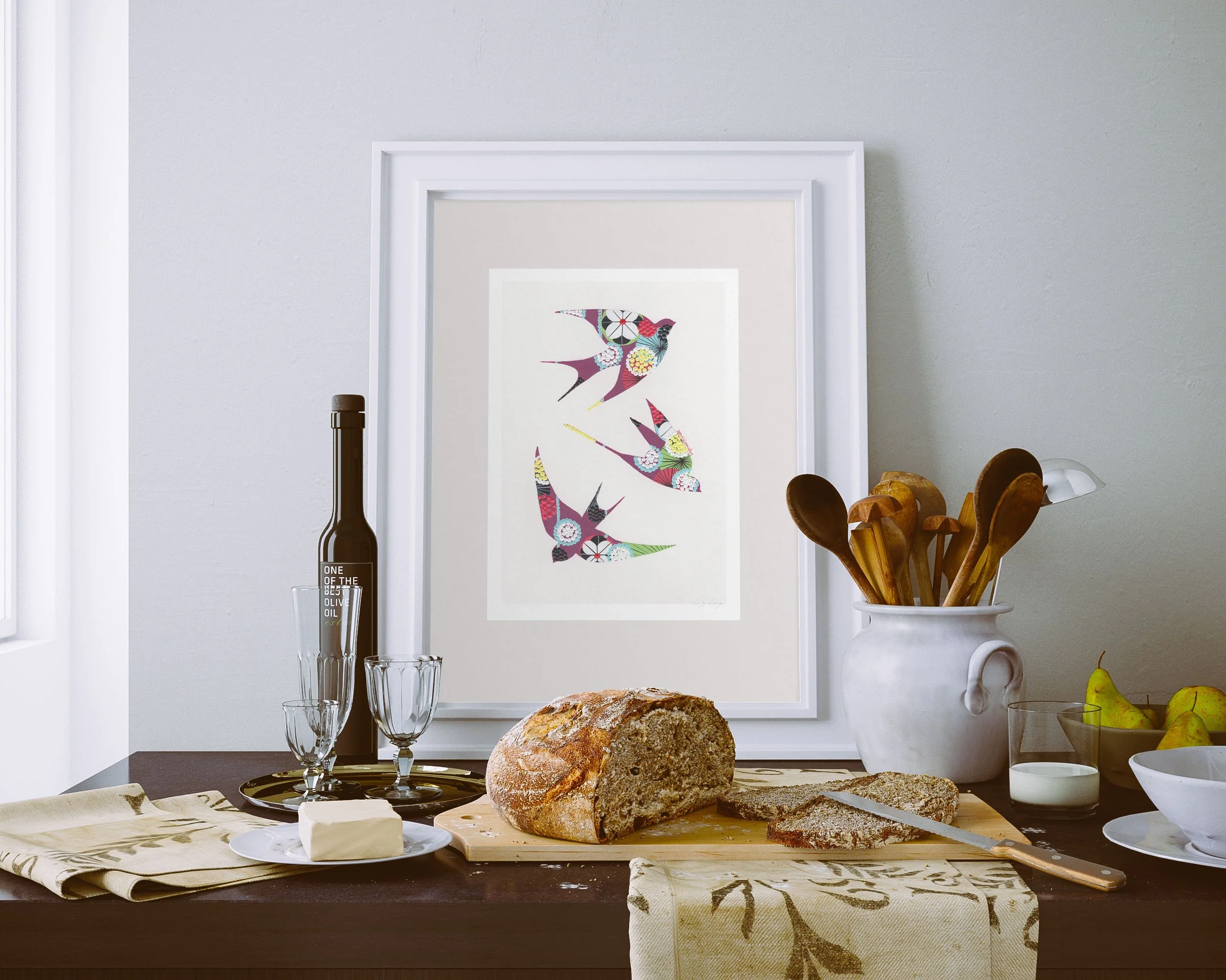 Swallows (Aubergine) - Fine art print by Lis Gonçalves. A modern and colourful take on a famous Portuguese icon.