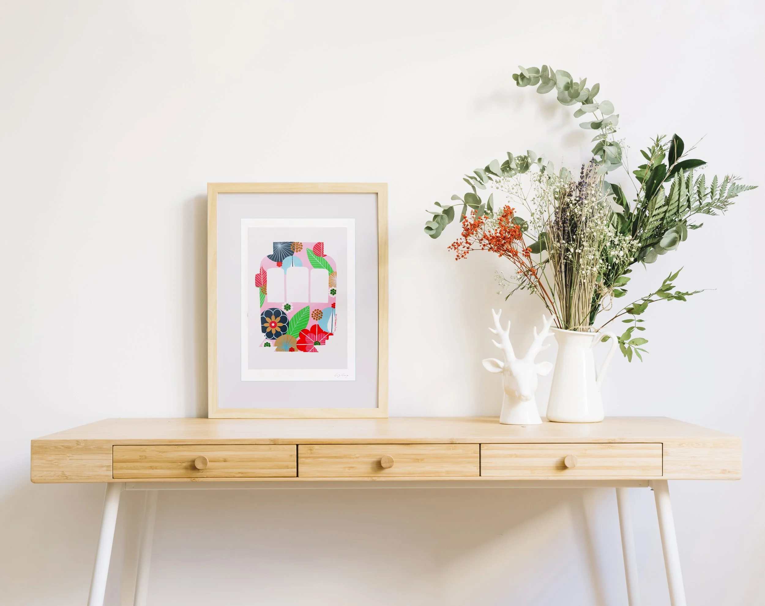 Lisbon Tram (Pink) - Fine art print by Lis Gonçalves. A modern and colourful take on a famous Portuguese icon.