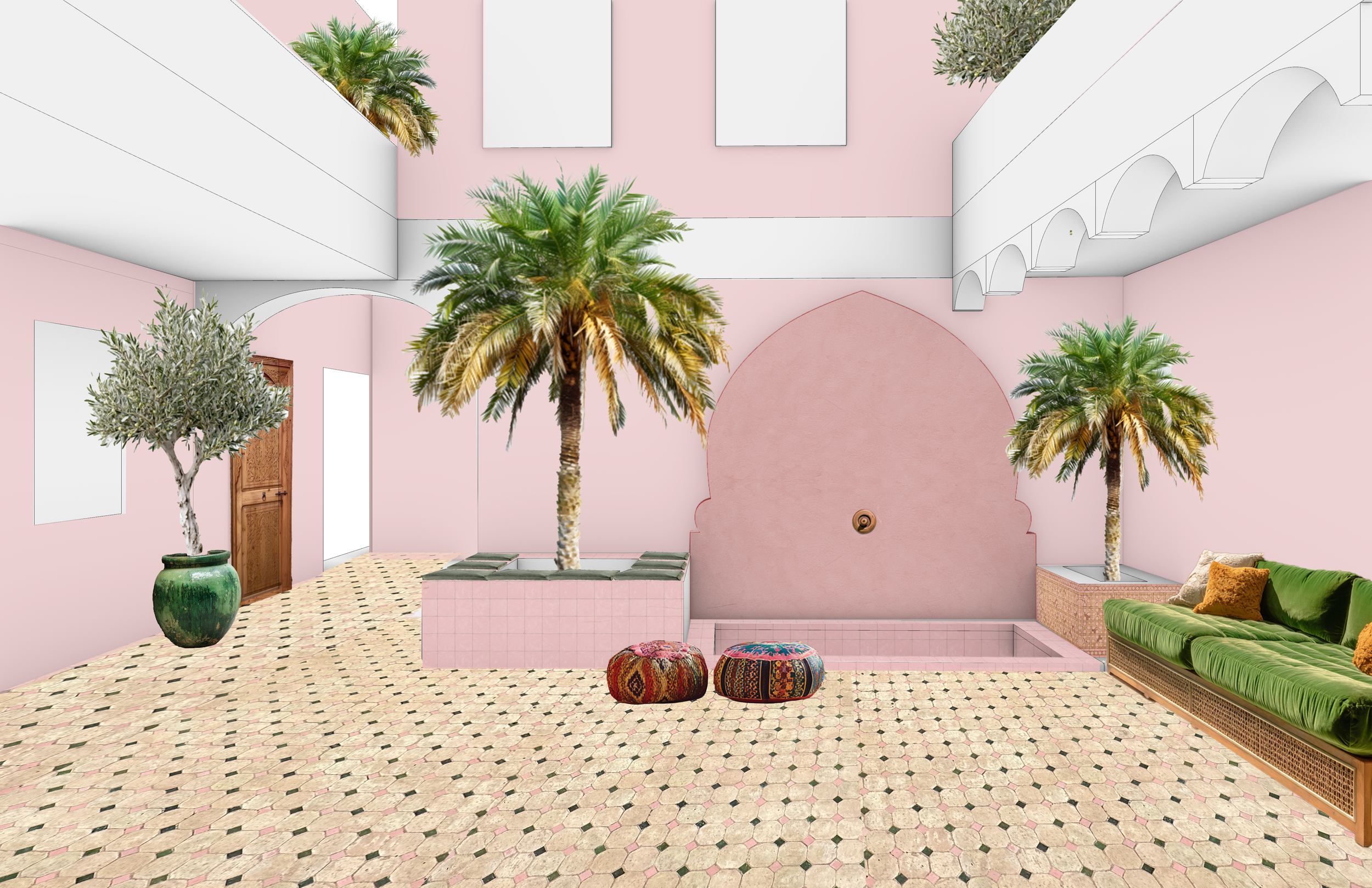 250728_Sass Riad_Courtyard Color Study_Pink and Green Bejmat.png