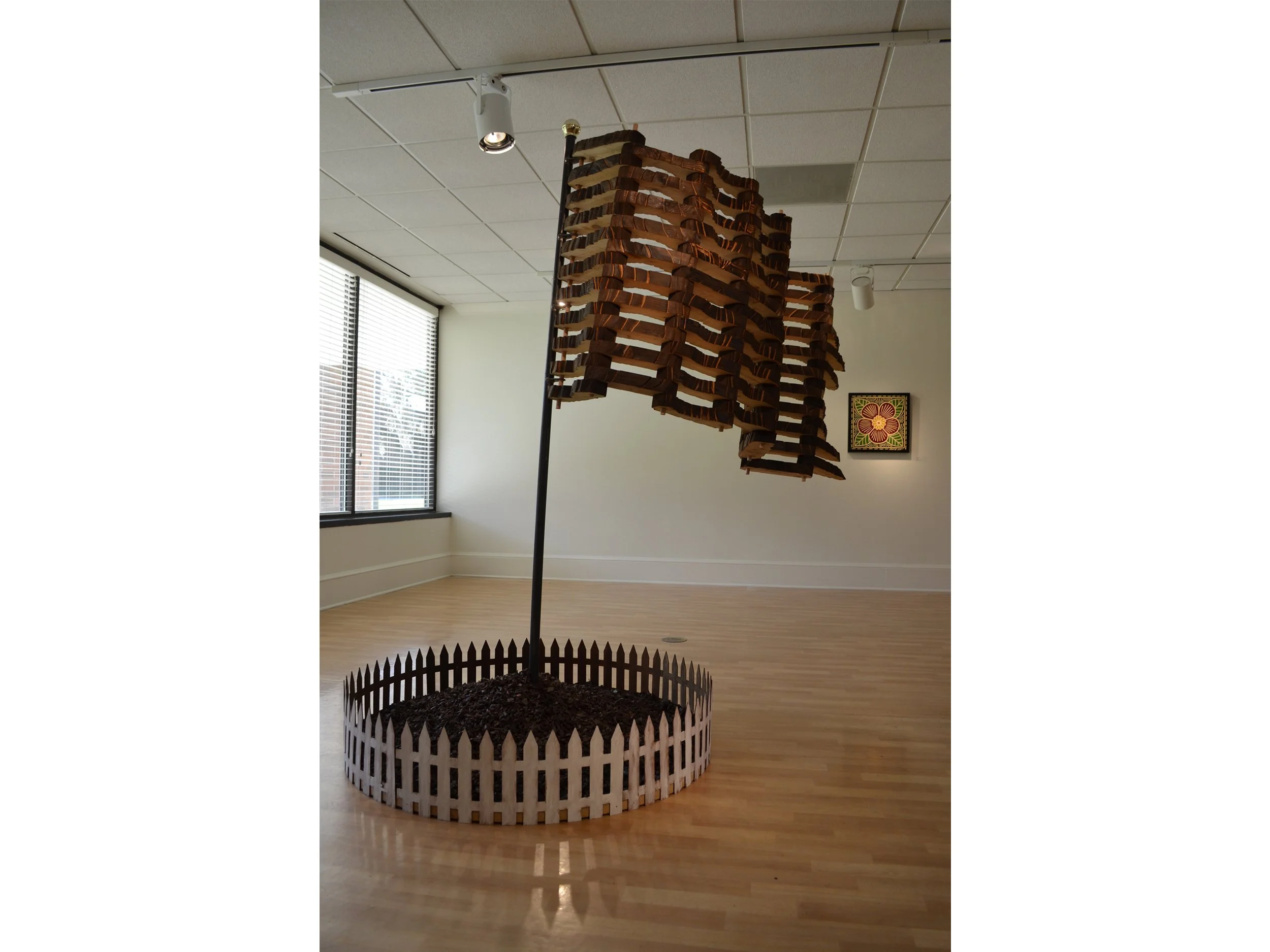 "Territory" 2025, Carved Cedar, Steel, Rubber Mulch, Laser Cut Birch. 48"x60"x72"
