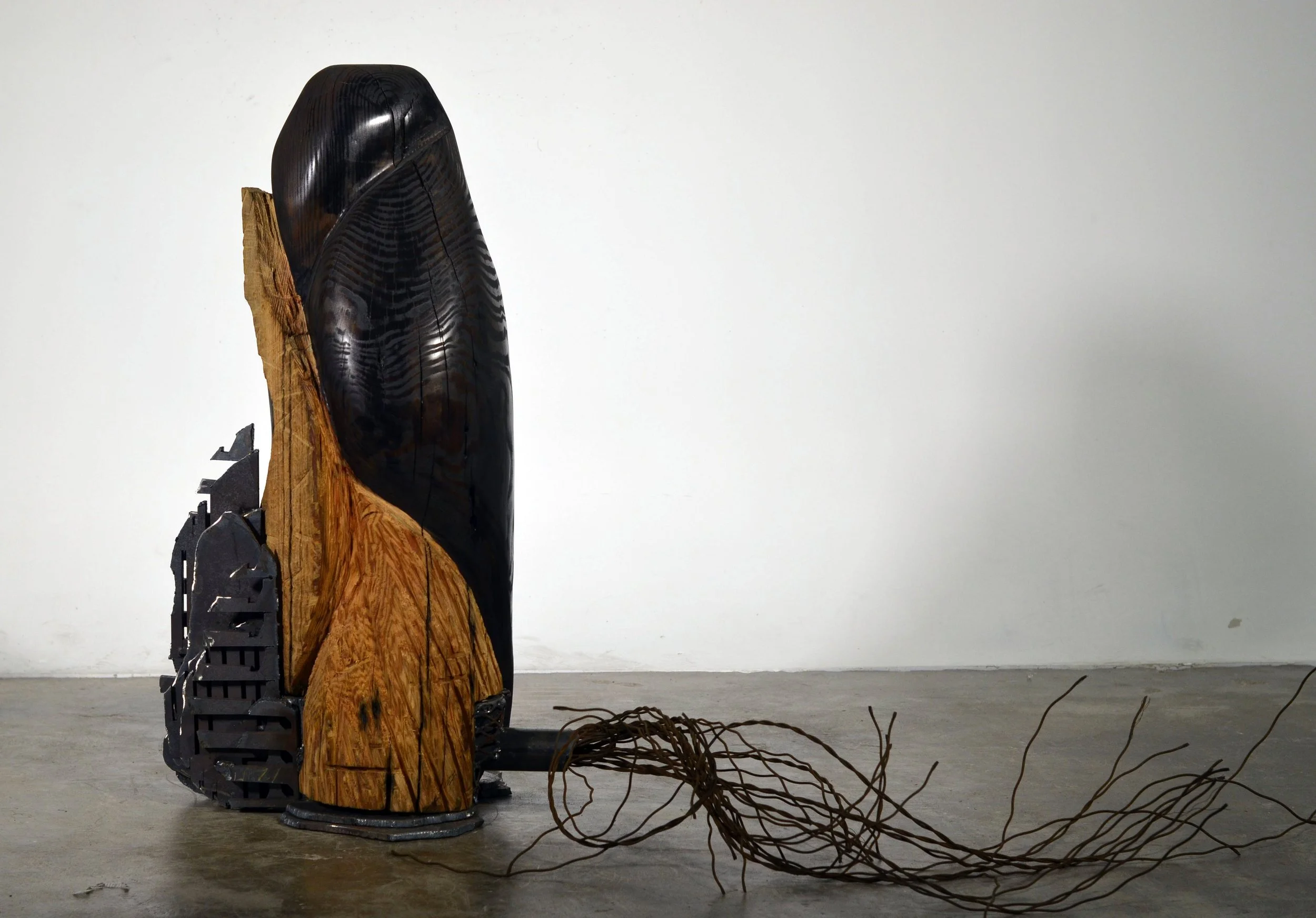 "This will Pass" 
2016, Pine, Forged steel, cable. 32"x32"x50"