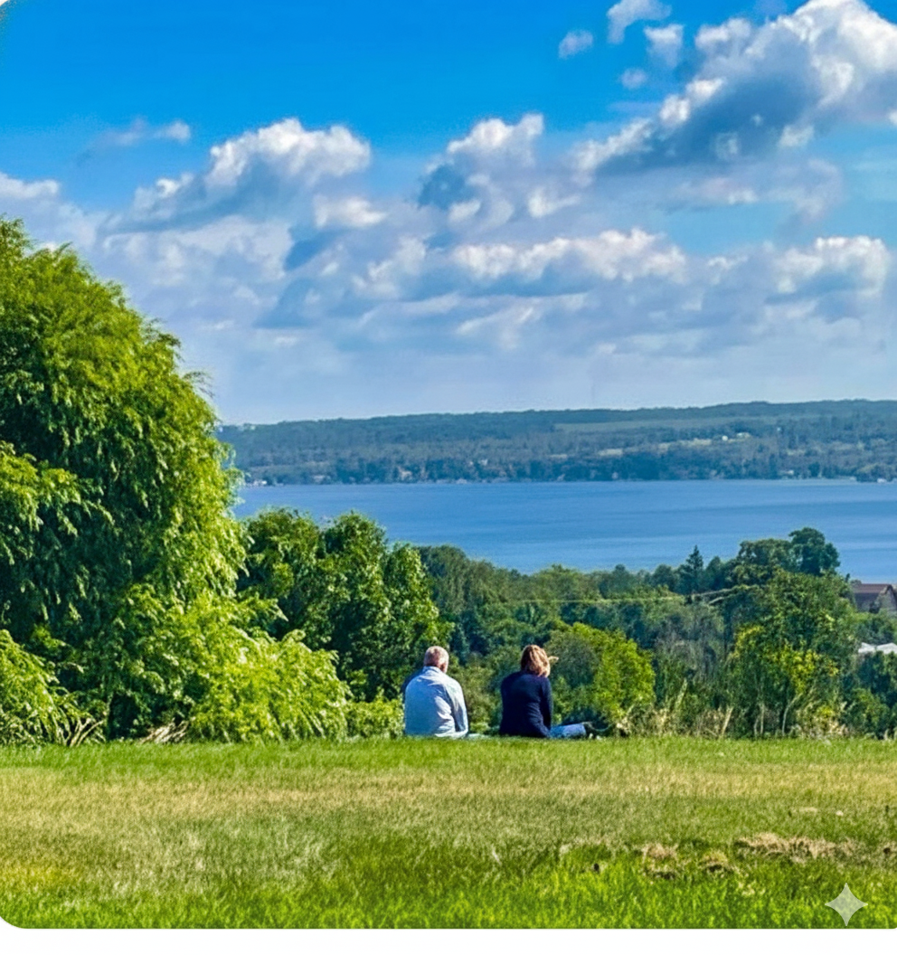 Two people sitting on grass with trees and a large body of water in the background under a partly cloudy sky.