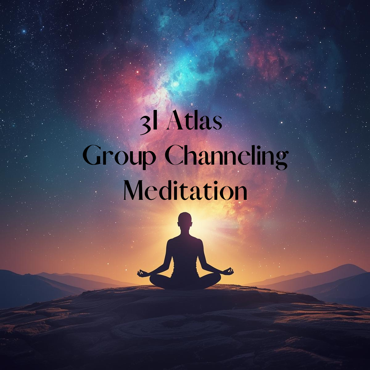 Silhouette of a person meditating outdoors at sunset or sunrise with a starry sky and colorful galaxy in the background, and mountains in the distance. Text overlay reads '31 Atlas Group Channeling Meditation.'