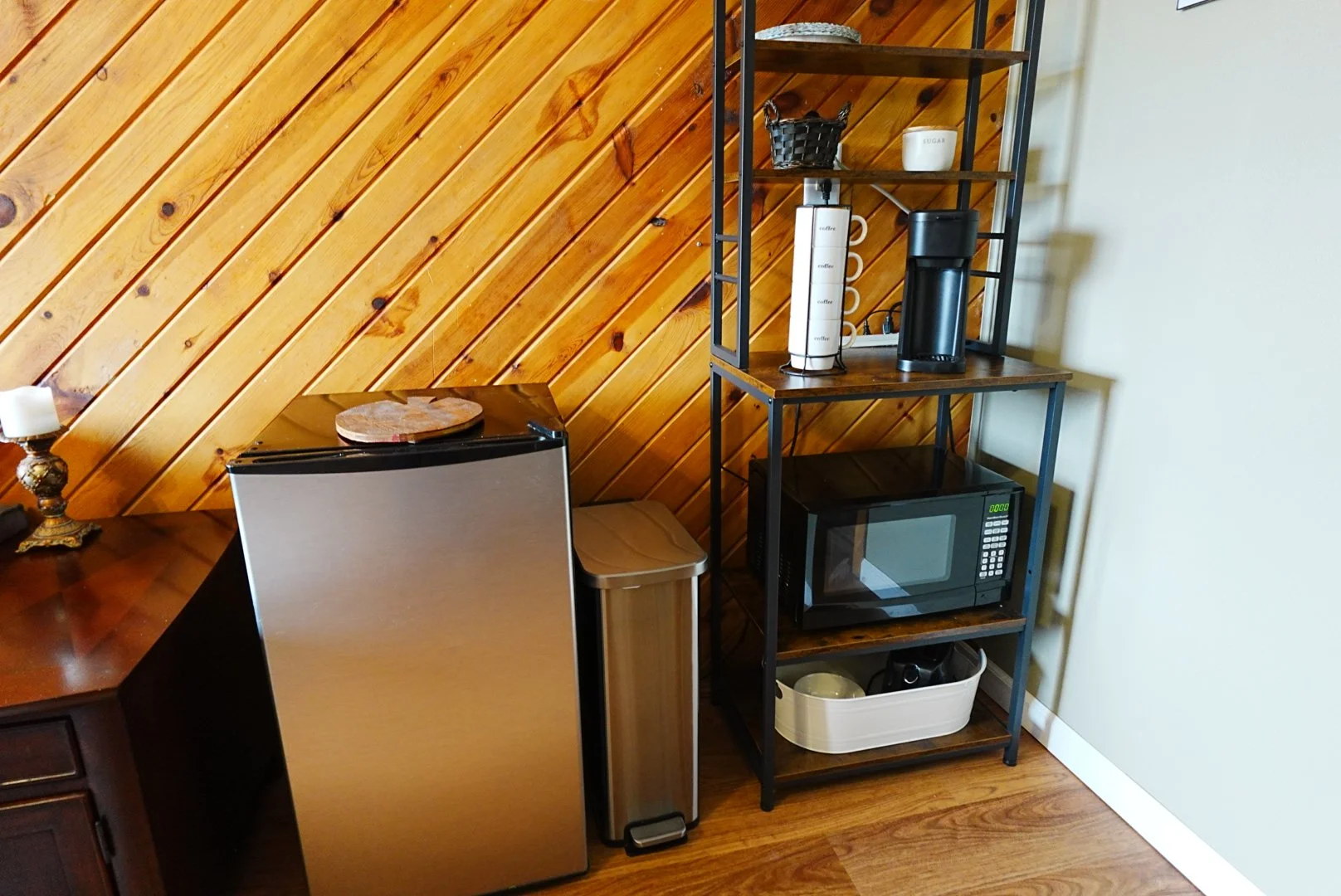 Minifridge, microwave, and coffee station
