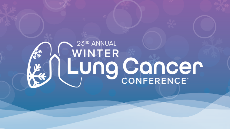 Banner for the 23rd Annual Winter Lung Cancer Conference featuring a stylized lung graphic with winter elements and conference branding.