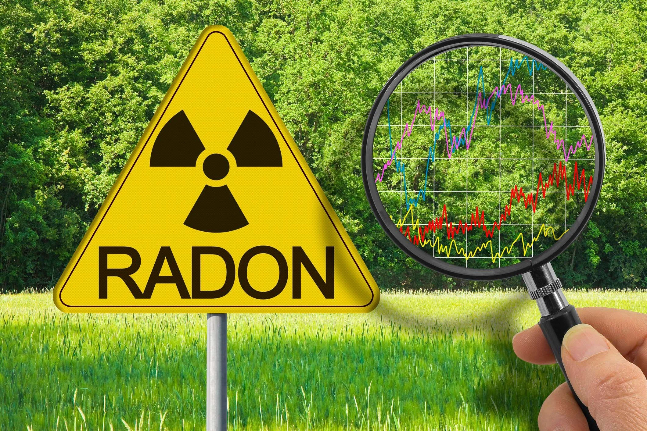 Warning sign for radon with radiation symbol beside a magnifying glass analyzing fluctuating radon levels, illustrating the difficulty of detecting this invisible gas.