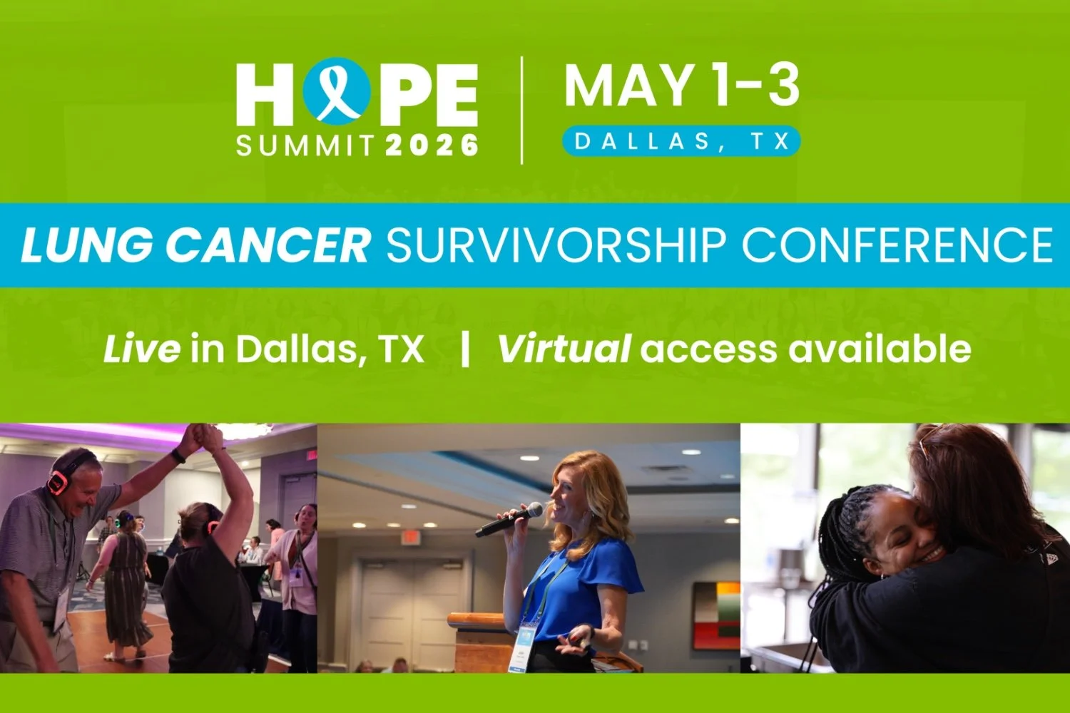 Banner for HOPE Summit 2026 in Dallas highlighting lung cancer survivorship, patient support, and community connection.