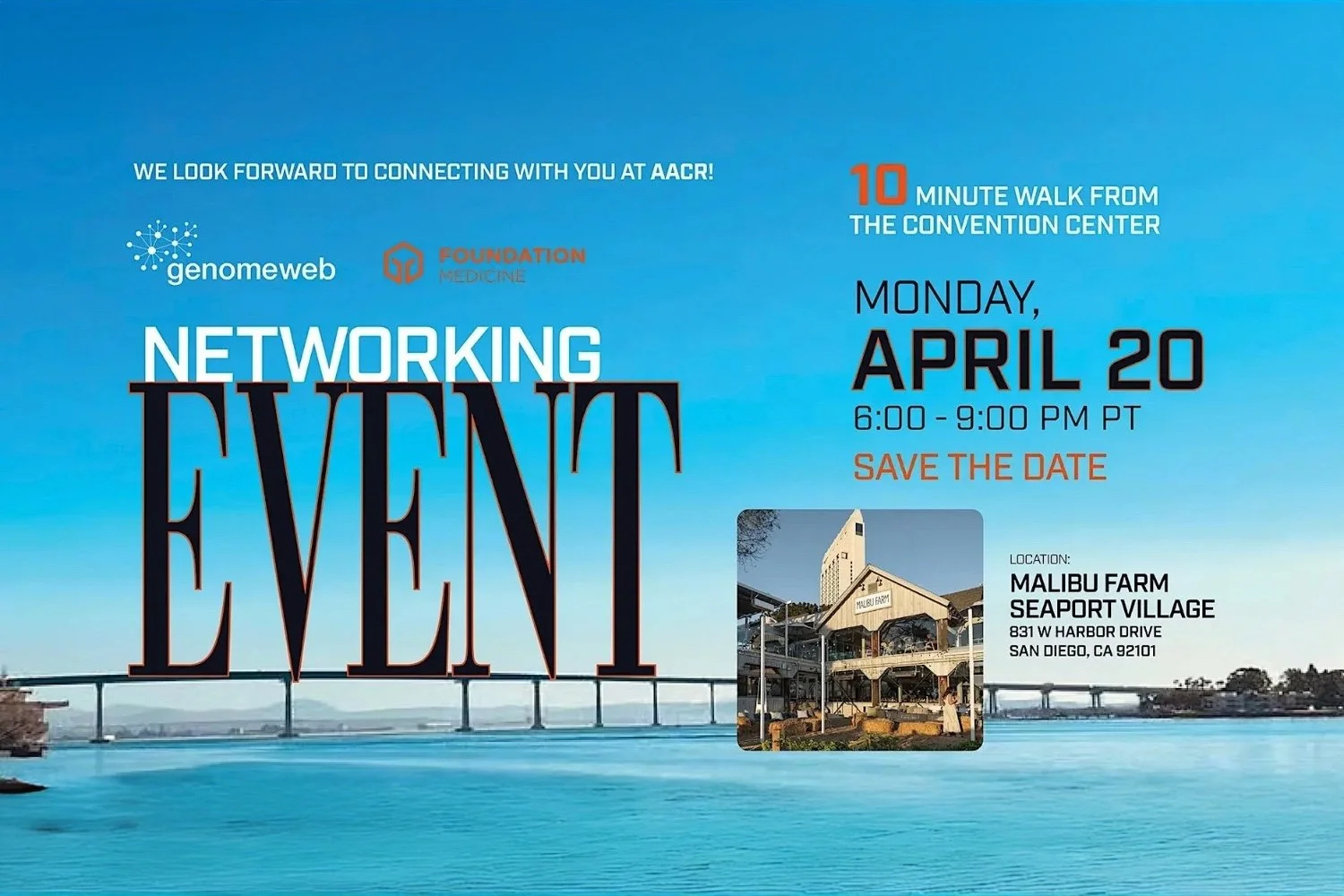 Banner for GenomeWeb and Foundation Medicine Networking Event 2026 in San Diego highlighting genomics, oncology diagnostics, and precision medicine networking.