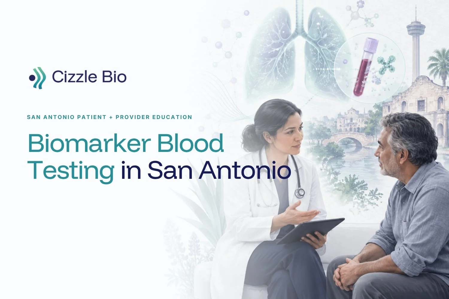 Cizzle Bio hero graphic of a physician discussing biomarker blood testing with a patient in San Antonio, with lung and blood-test imagery.