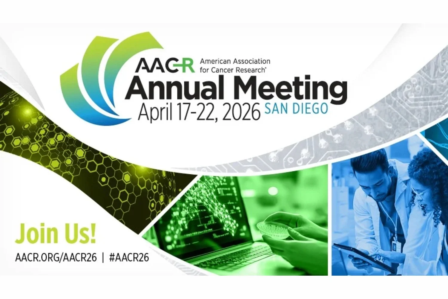 Banner for the AACR Annual Meeting 2026 in San Diego highlighting global cancer research, translational science, and oncology collaboration.
