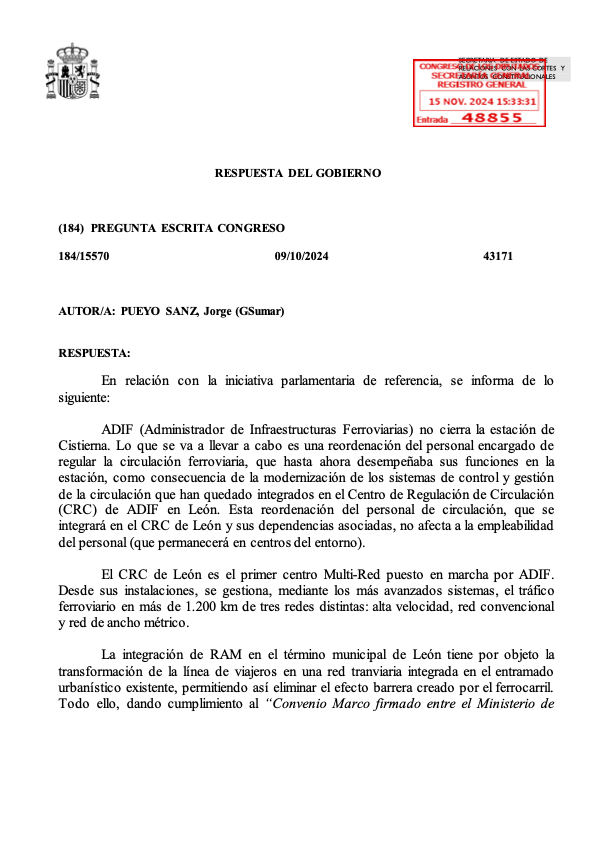 El gobierno responde a las preguntas planteadas por Alantre sobre FEVE
