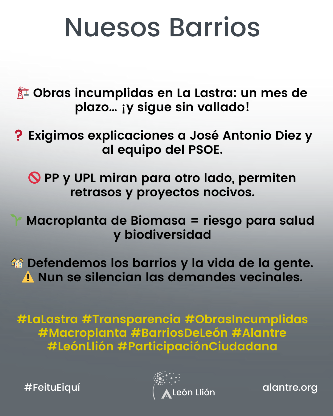 Alantre León-Llión exige a José Antonio Diez explicaciones sobre obras incumplidas en La Lastra 