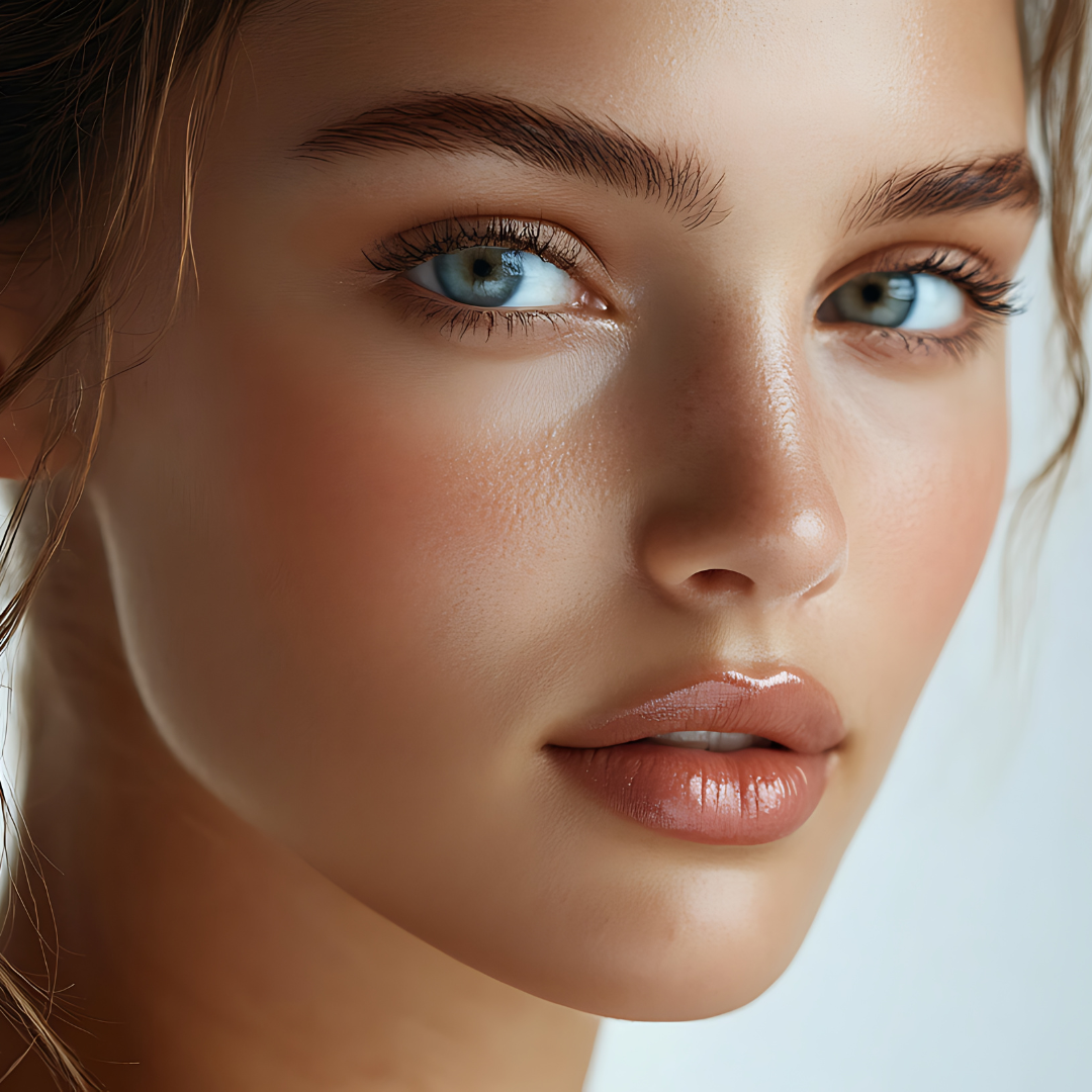 Close-up of a woman with blue eyes, fair skin, light makeup, and wavy hair.