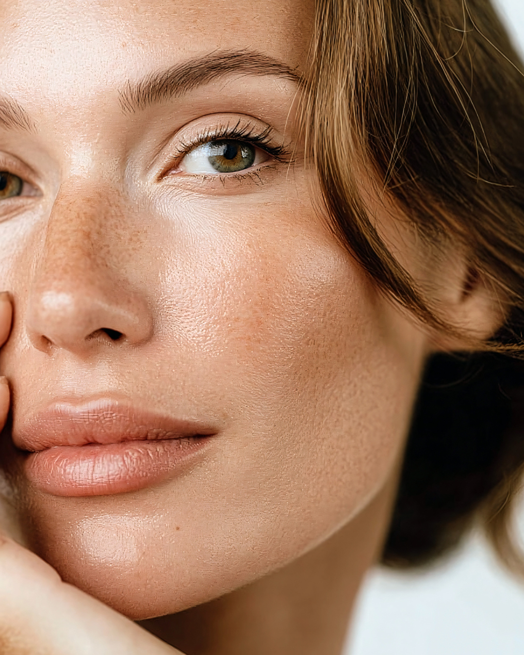 Close-up of a woman's face showing her eye, nose, and lips, with detailed skin and a soft smile.