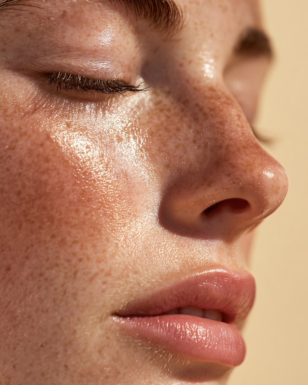 Close-up of a person's face showing closed eyes, nose, and lips with detailed skin texture and freckles.