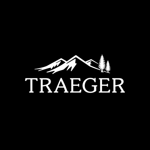 Logo with mountain peaks, two pine trees, and the word TRAEGER in white on a black background - Traeger | Pellet grill | Swimming Pools of Tupelo | Outdoor Superstore.