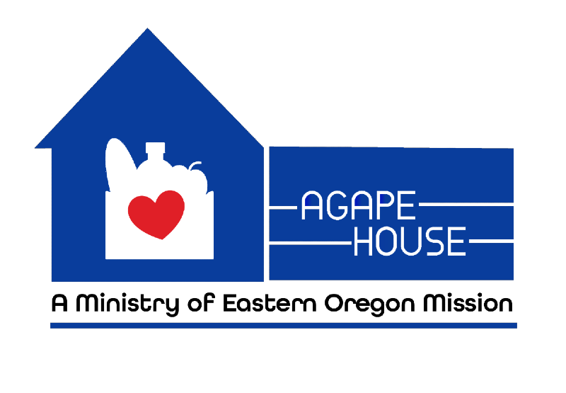 Logo for Agape House with a blue house outline, a white box containing a heart and a jar, and the text 'Agape House' to the right.
