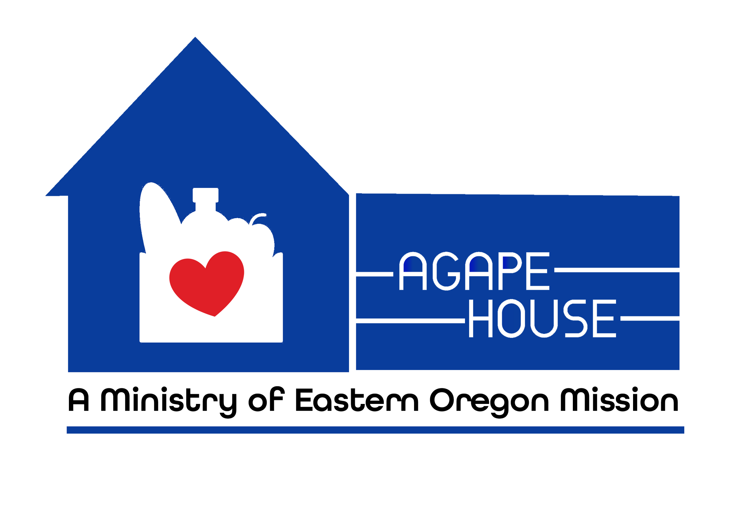 A logo for Agape House, a ministry of Eastern Oregon Mission. The logo features a blue house with a white dove and a red heart inside, and the text "AGAPE HOUSE" to the right of the house. The slogan "A Ministry of Eastern Oregon Mission" is written below.