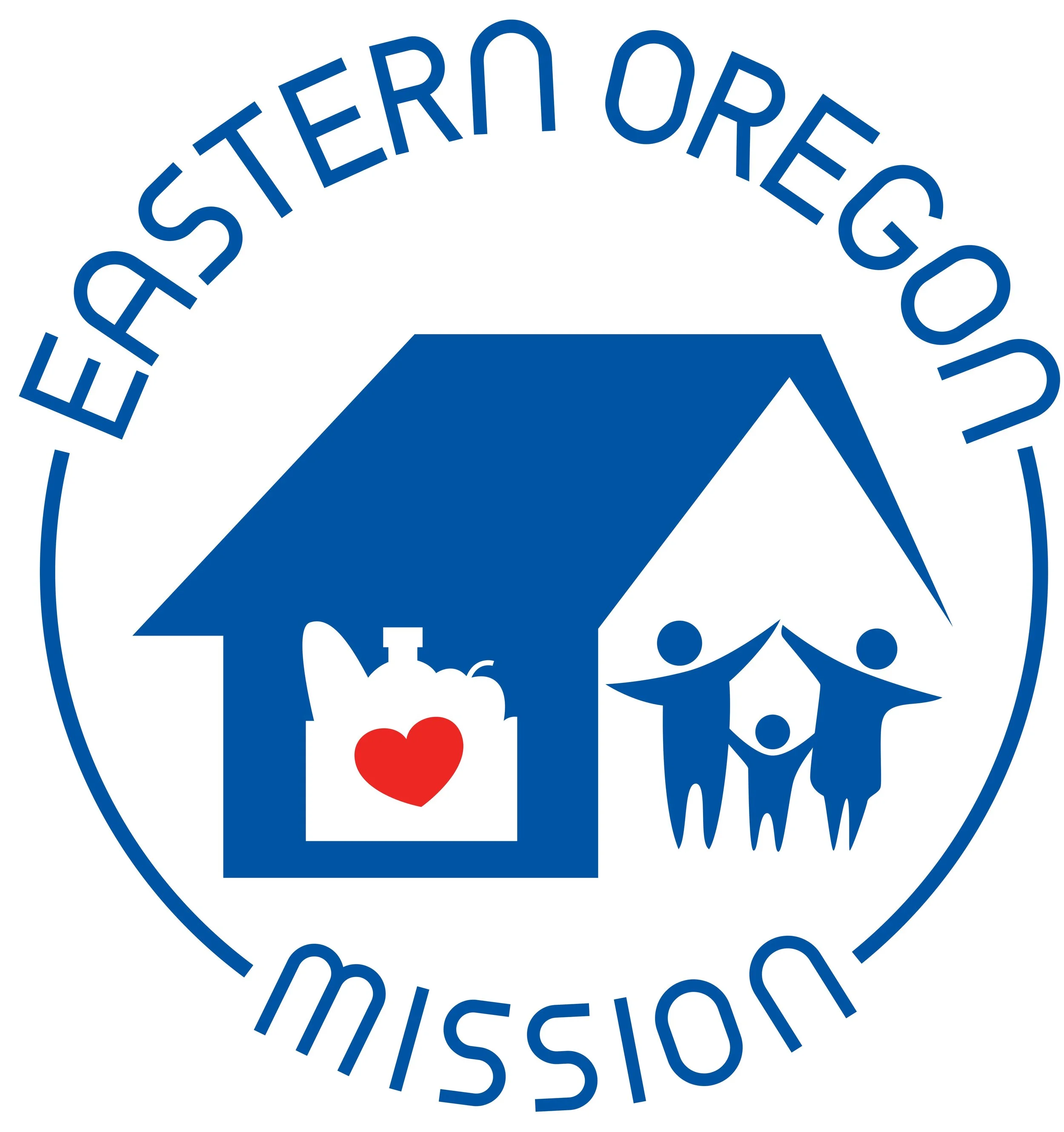 Logo of the Eastern Oregon Mission, featuring a blue house, a family of three holding hands under a tent, and a bulletin board with a heart on it, all enclosed in a circular blue border with the text 'Eastern Oregon Mission'.