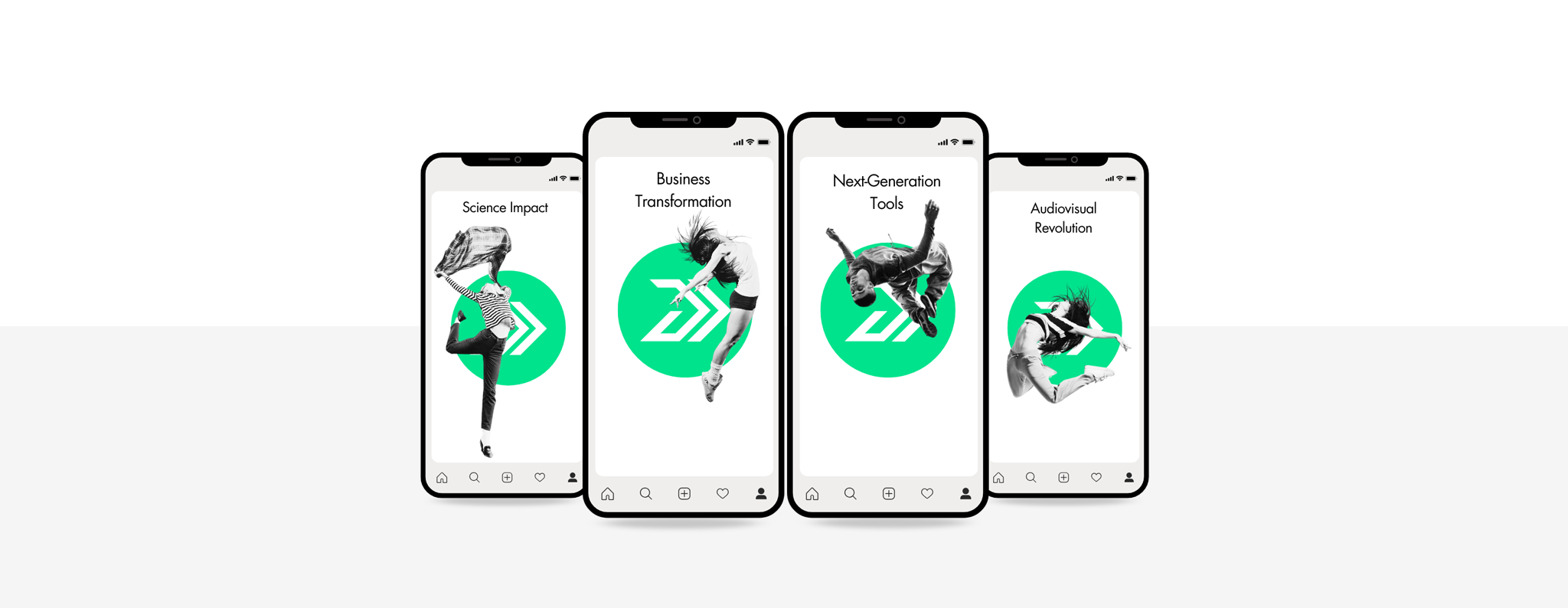 movee.ai: Exploring AI Trends in Science, Business Transformation, Next-Generation Tools, and Audiovisual Revolution. Image shows mobile phones displaying people jumping, symbolizing technological advancement.