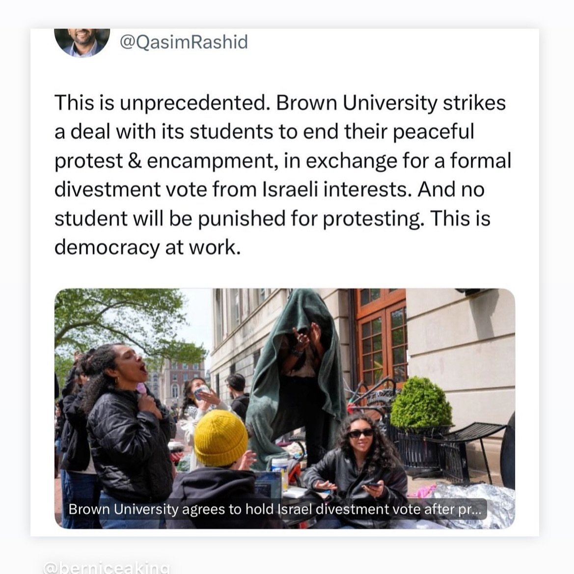 Reposting with thanks to @berniceaking: &ldquo;This is nonviolence at work.  Thanks for taking the lead, @brownu.  As my father #MLK said, &ldquo;on some positions, cowardice asks the question, is it expedient? And then expedience comes along and ask