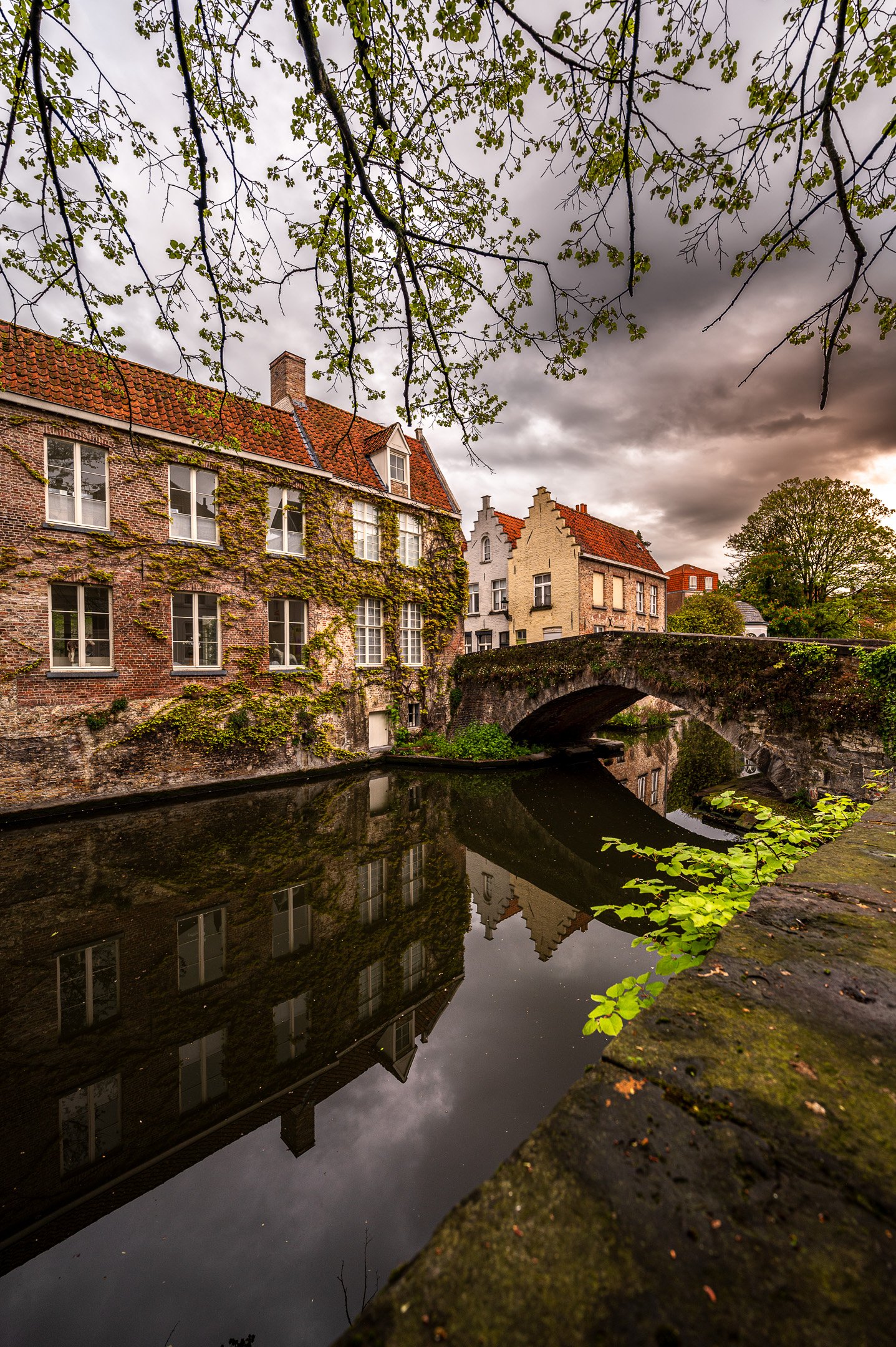 A scenic view of historic European buildings and a stone bridge over a canal with reflections on the water under a cloudy sky.