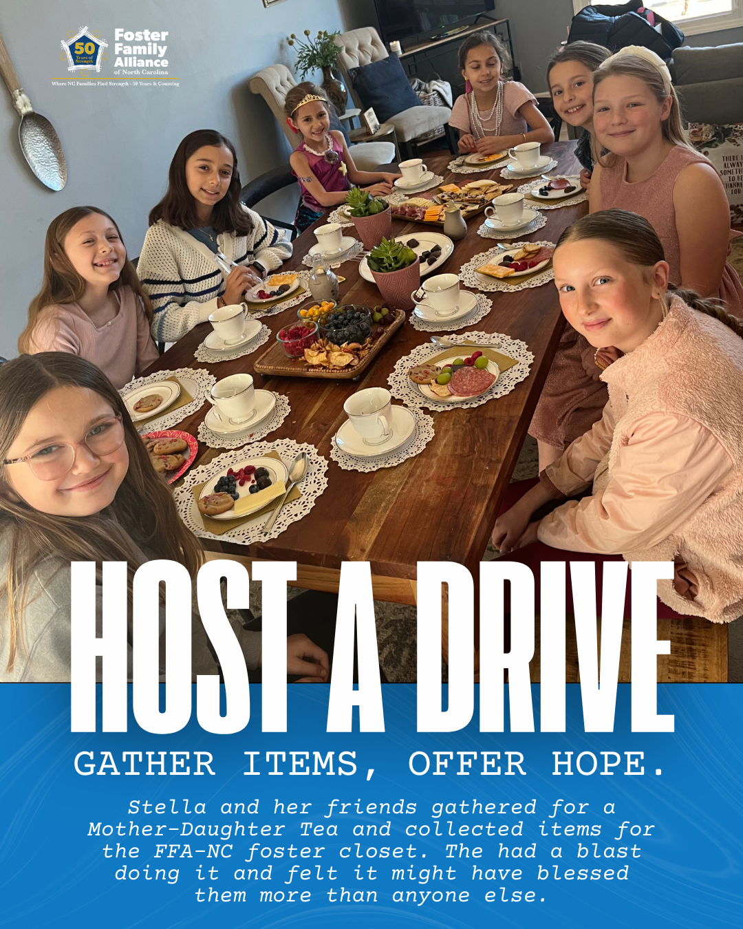 A group of young girls sitting around a dining table with tea, snacks, and fruit during a gathering, celebrating a foster family alliance event.