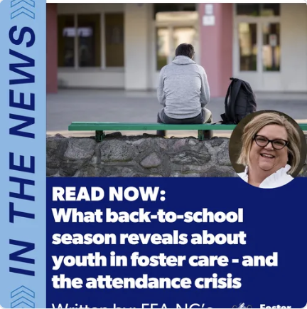 Back view of a person sitting on a bench with a backpack beside them, looking at a school building; overlay with text about back-to-school season and youth foster care. A circular photo of a smiling woman with glasses overlays the bottom right corner.