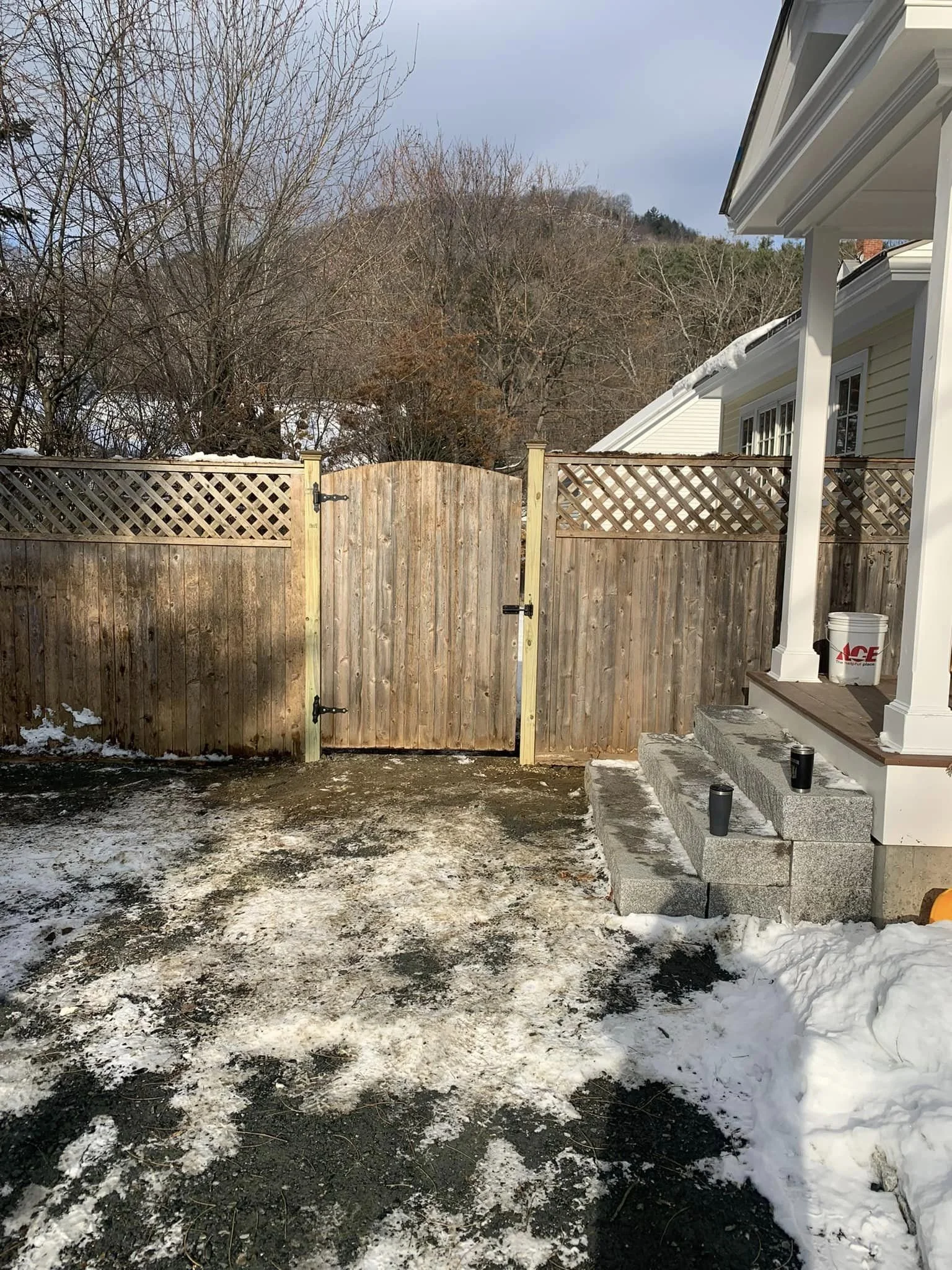 repaired aged fence with new posts set up owner requested.