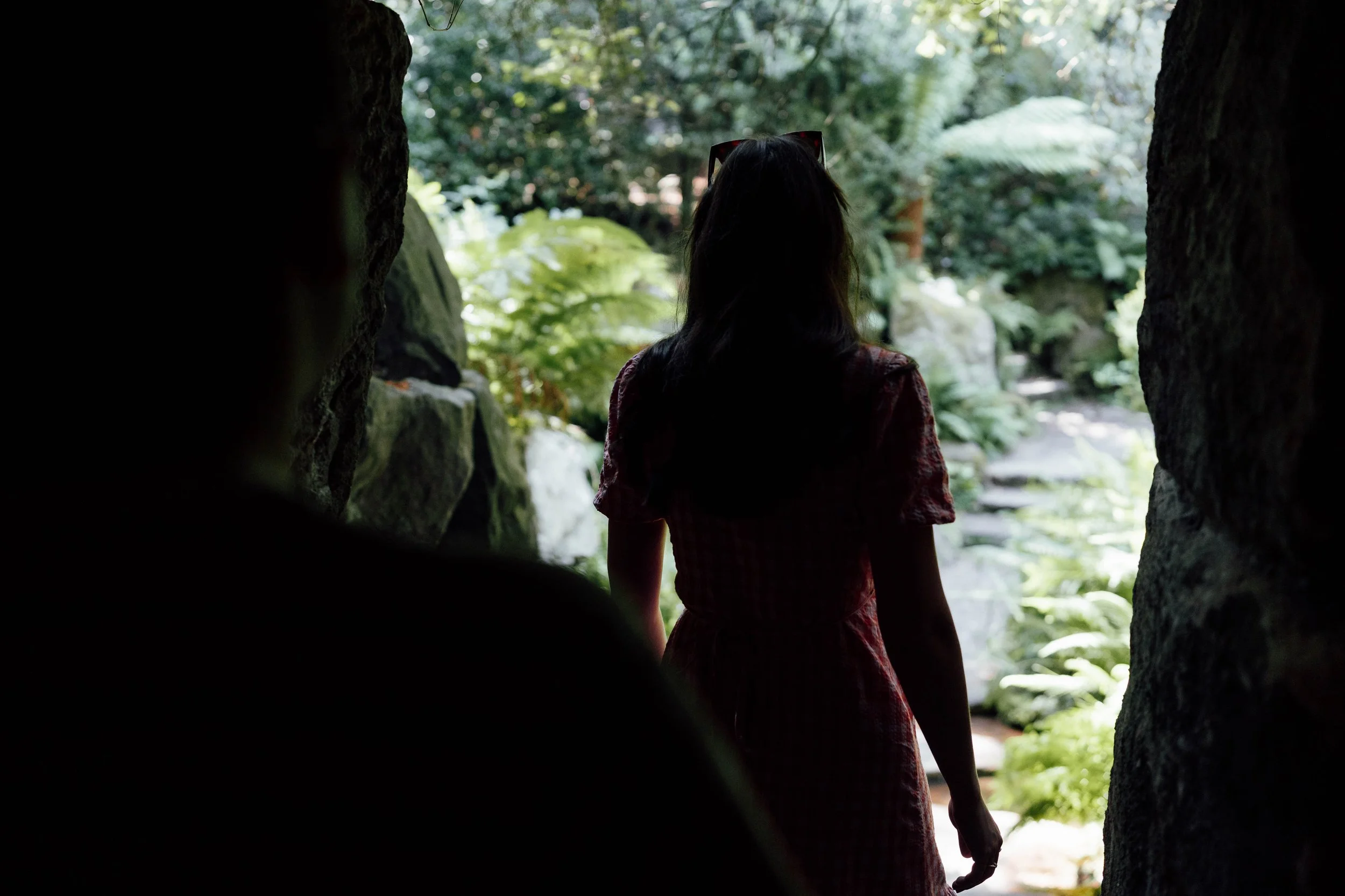 A woman in a red dress standing outdoors, seen from behind, as someone stands in the shadows nearby. Behind her are green plants and rocks.