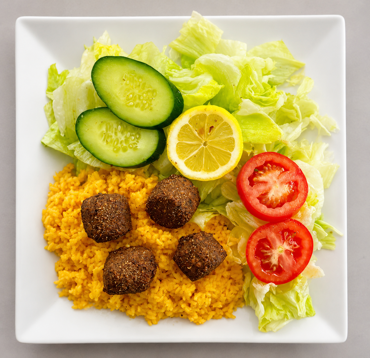 || #11 FALAFEL PLATE || Fried Chickpea Falafel + Side of Salad W/ House Greek Dressing + Side of Rice + Comes With Tzatziki Sauce 