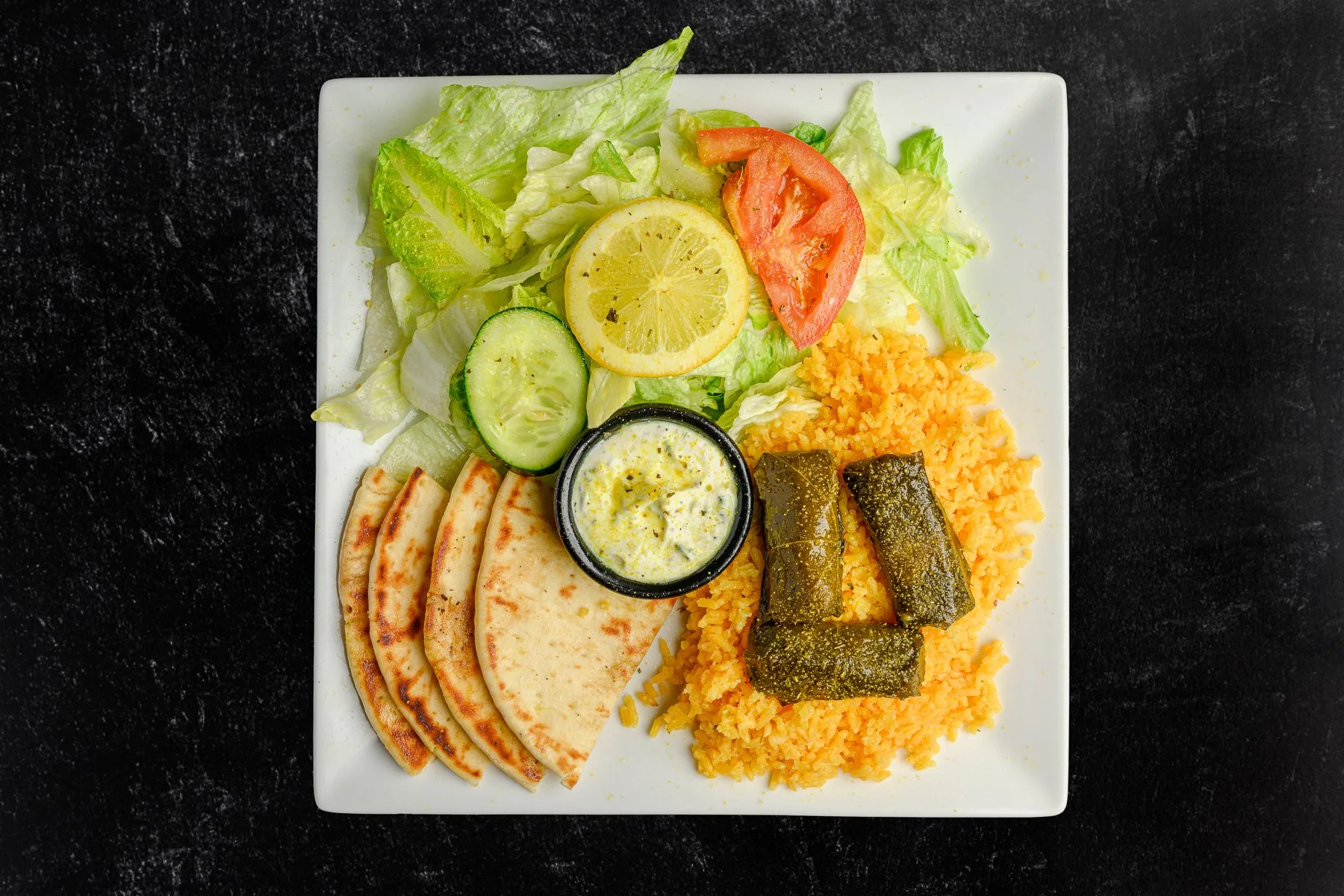 || #4 VEGGIE PLATE COMBO MEAL ||

Three Dolmades + Side Salad  W/ House Made Greek Dressing + Your Choice of Lemon Rice or Fries + One Pita Bread + Drink 