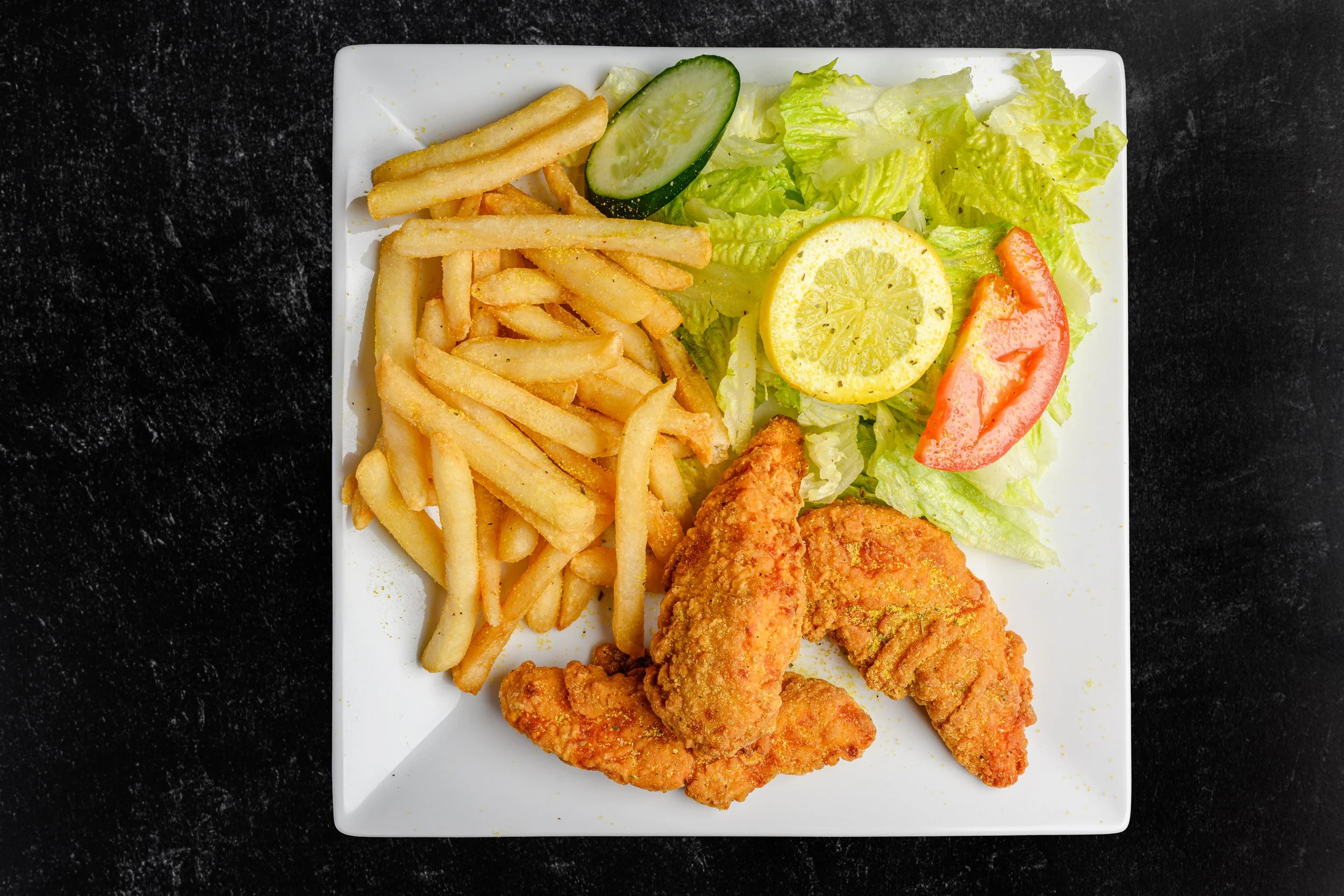 || #14 CHICKEN STRIP PLATE || 3 Chicken Strips + Side of Fries + Side of Salad W/ House Made Greek Dressing 