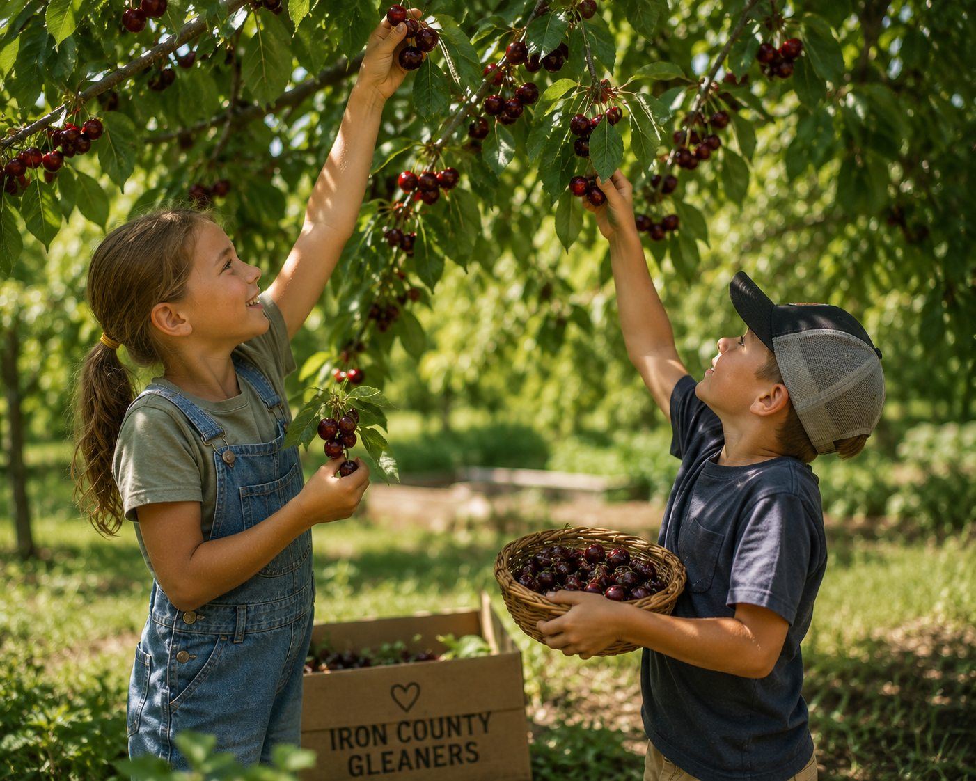 Two children, a girl and a boy, pick cherries from a tree in an orchard. The girl has long blonde hair and is smiling as she reaches for cherries, holding some in her hand. The boy, wearing a cap and dark shirt, holds a basket full of cherries and reaches up to pick more. There is a box labeled 'Iron County Gleaners' in the background.