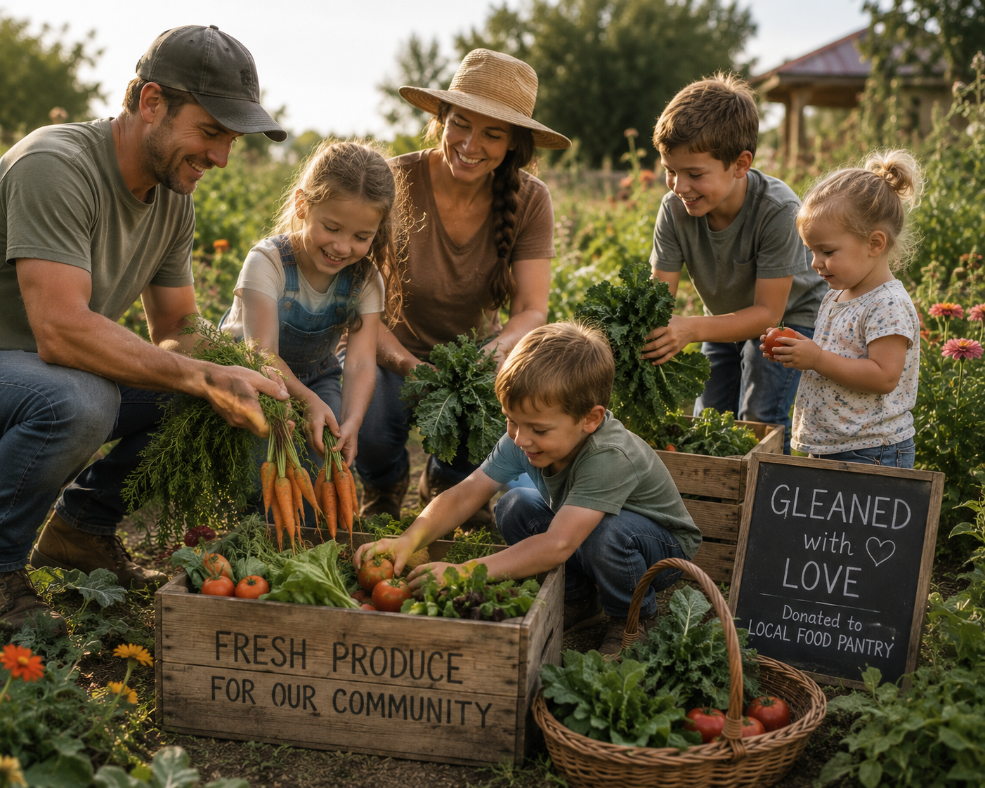 A diverse group of adults and children gardening together, harvesting vegetables like carrots and tomatoes, in a community garden with a sign reading 'FRESH PRODUCE FOR OUR COMMUNITY' and a chalkboard sign saying 'GLEANED WITH LOVE, Donated to LOCAL FOOD PANTRY' on a sunny day.