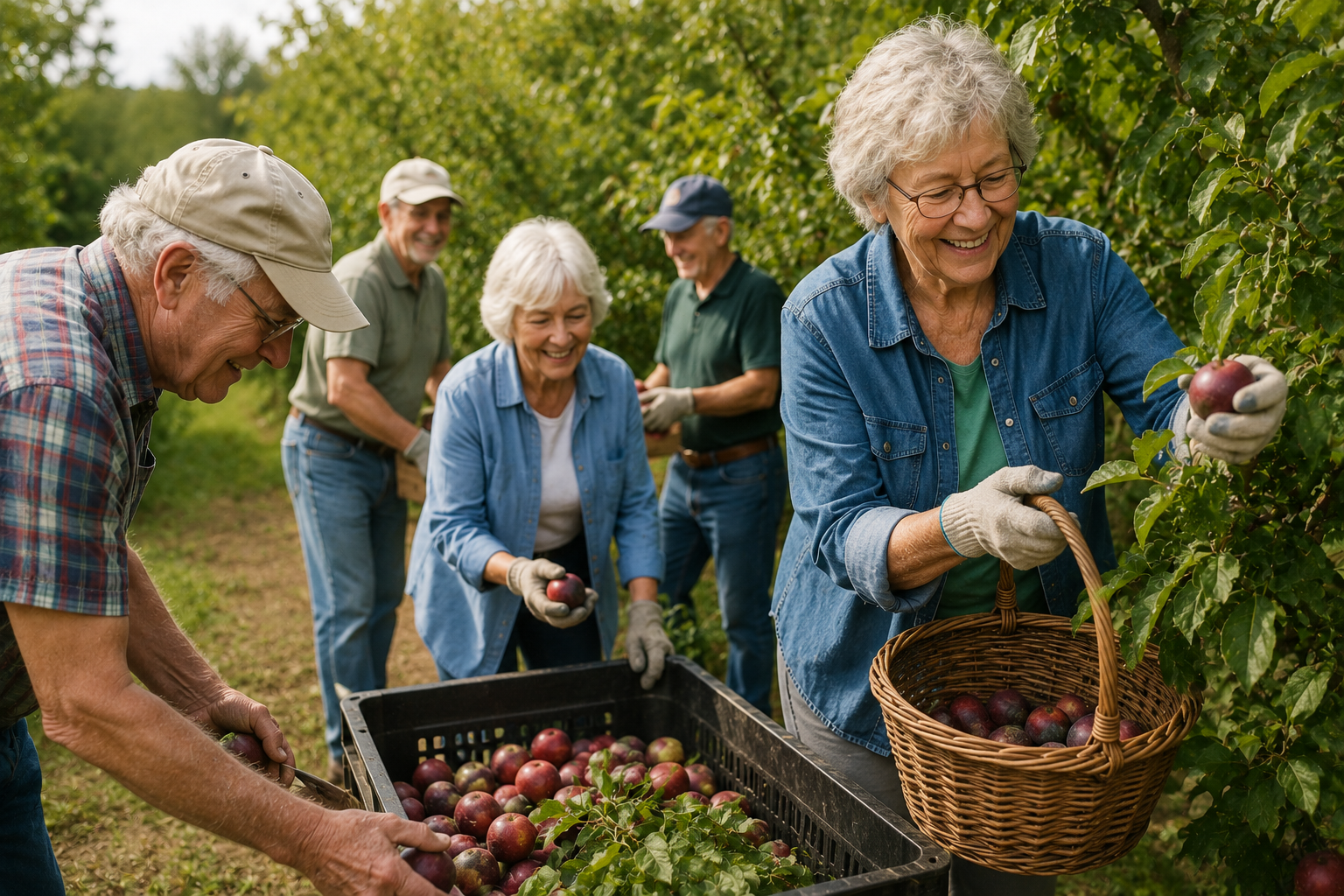 A group of senior people harvesting apples in an orchard, smiling and collecting apples in baskets and crates.