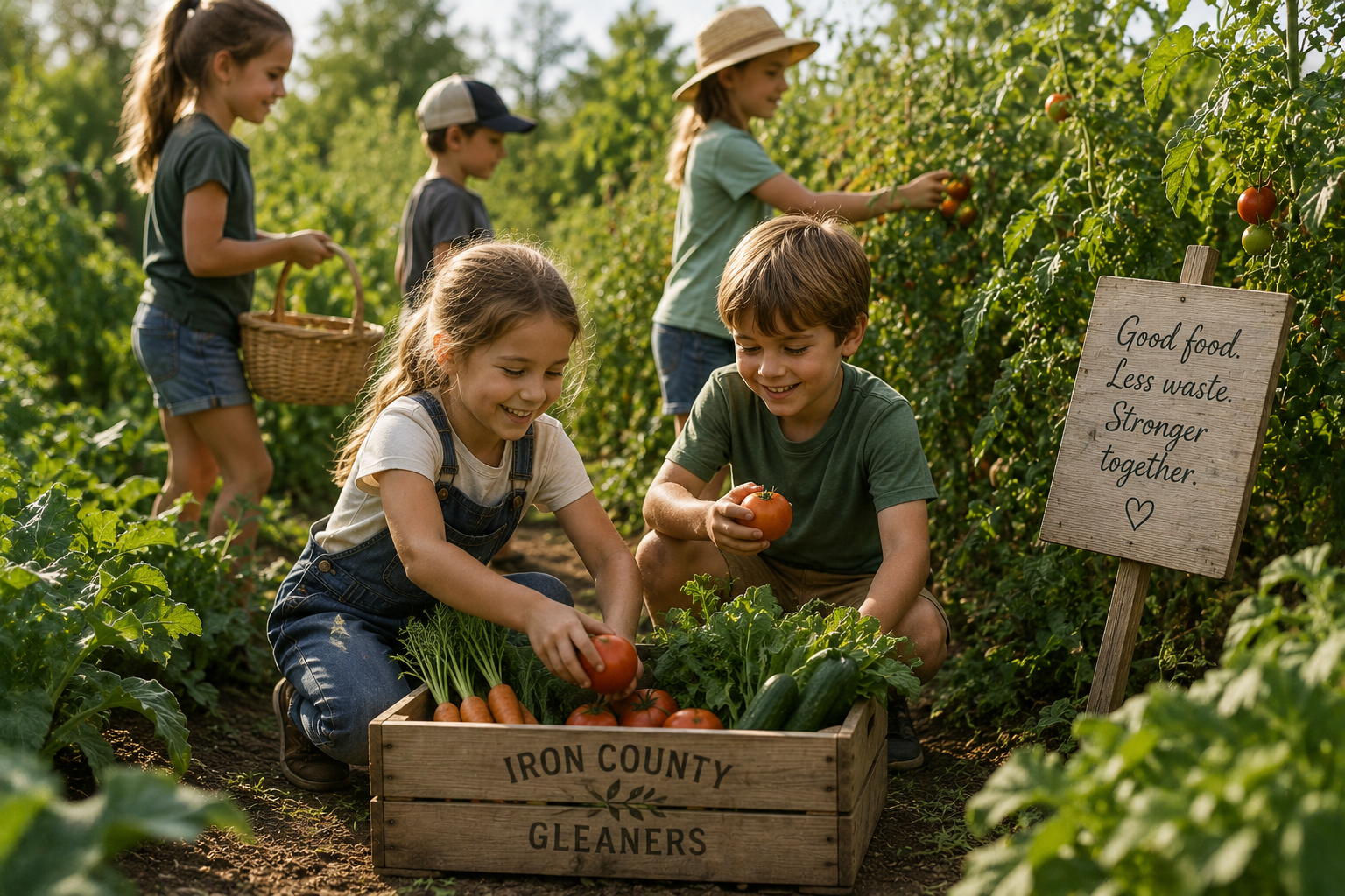 Group of children harvesting tomatoes and carrots in a garden, with a sign that reads 'Good food. Less waste. Stronger together.'
