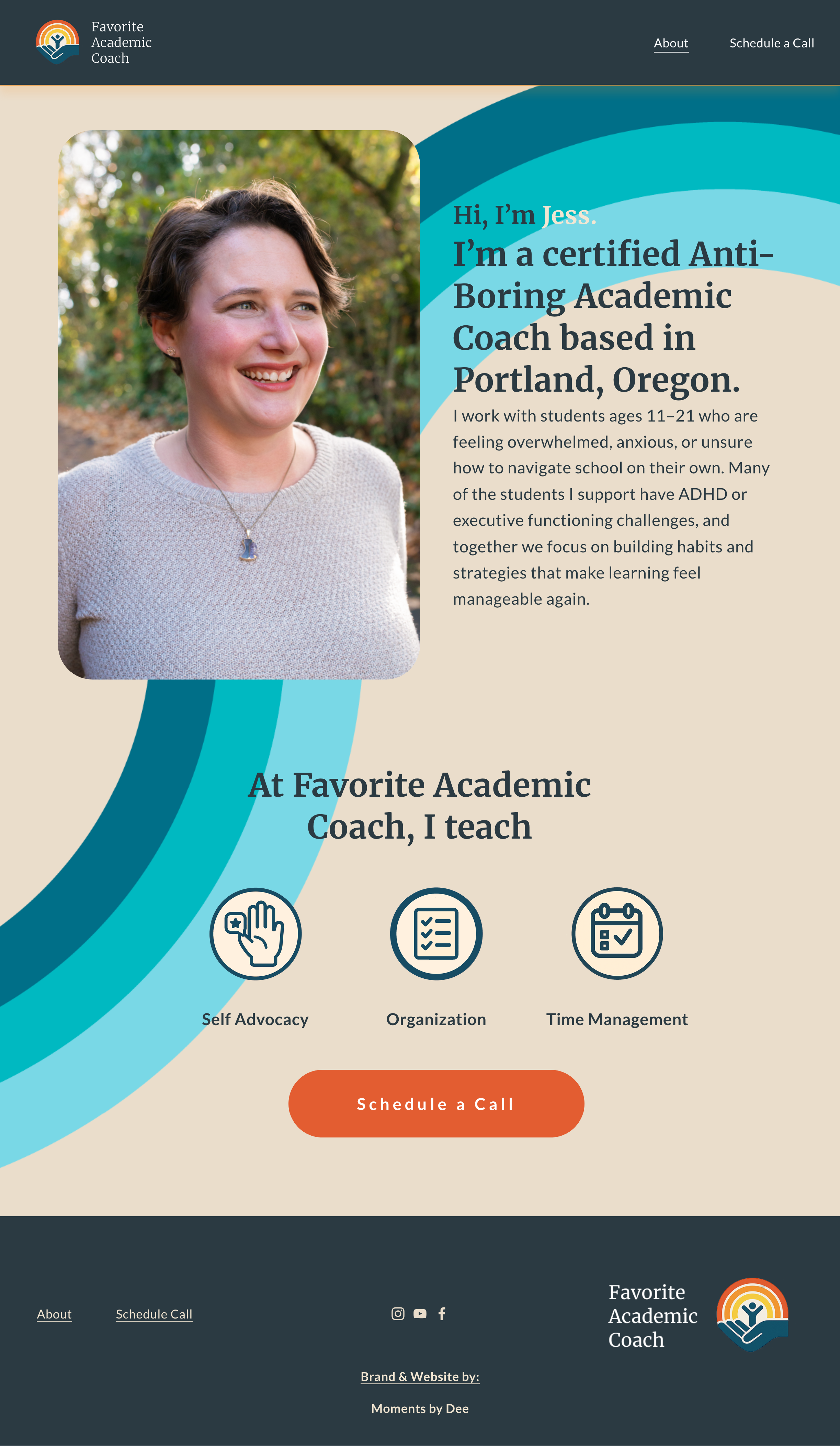 Screenshot of an academic coaching website featuring a smiling woman named Jess. The site emphasizes her certifications and services for students aged 11-21 in Portland, Oregon, with sections on self-advocacy, organization, and time management, and includes a call-to-action button to schedule a call.