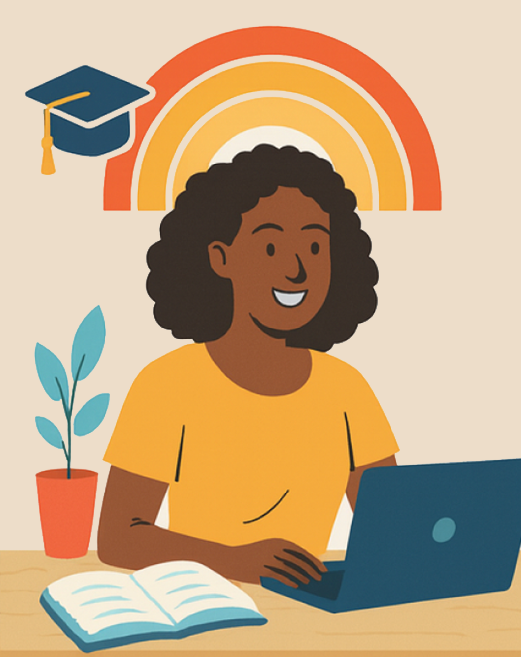 A woman with curly hair is smiling while working on a laptop at a desk with an open book, a potted plant, and a rainbow with a graduation cap in the background.