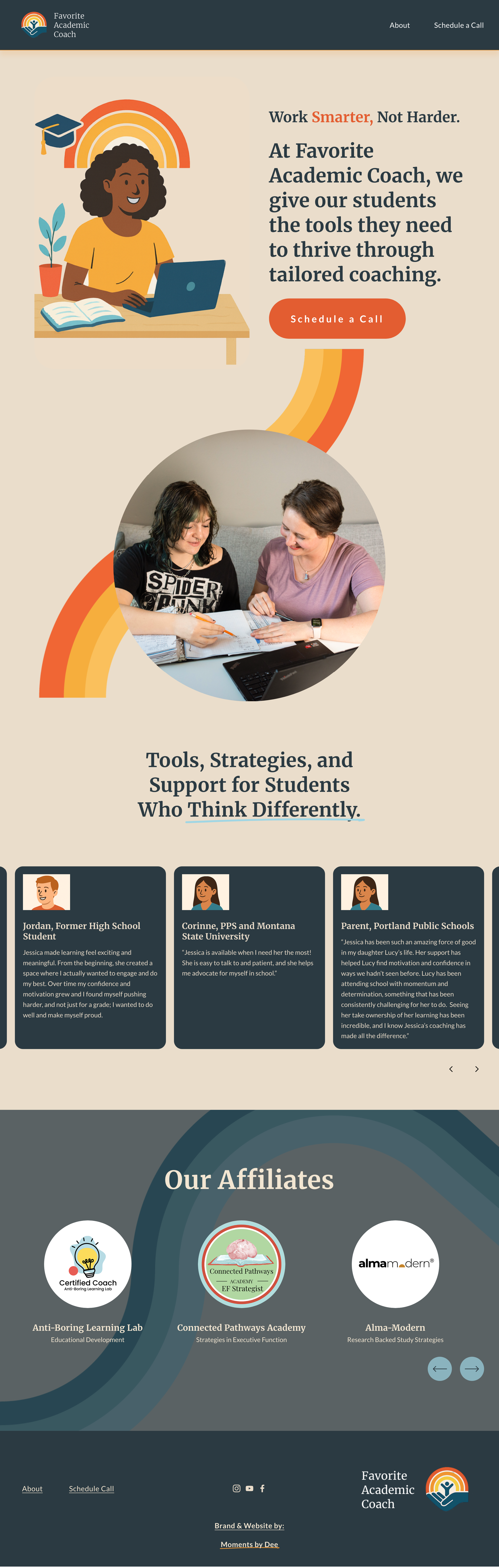 A website homepage for Favorite Academic Coach featuring a header, a main section with an illustration of a smiling woman with curly hair working on a laptop, and a photograph of two women discussing in a meeting. The page promotes tailored coaching tools and strategies for students, with a call-to-action button to schedule a call, testimonials from students and parents, and logos of affiliate organizations at the bottom.