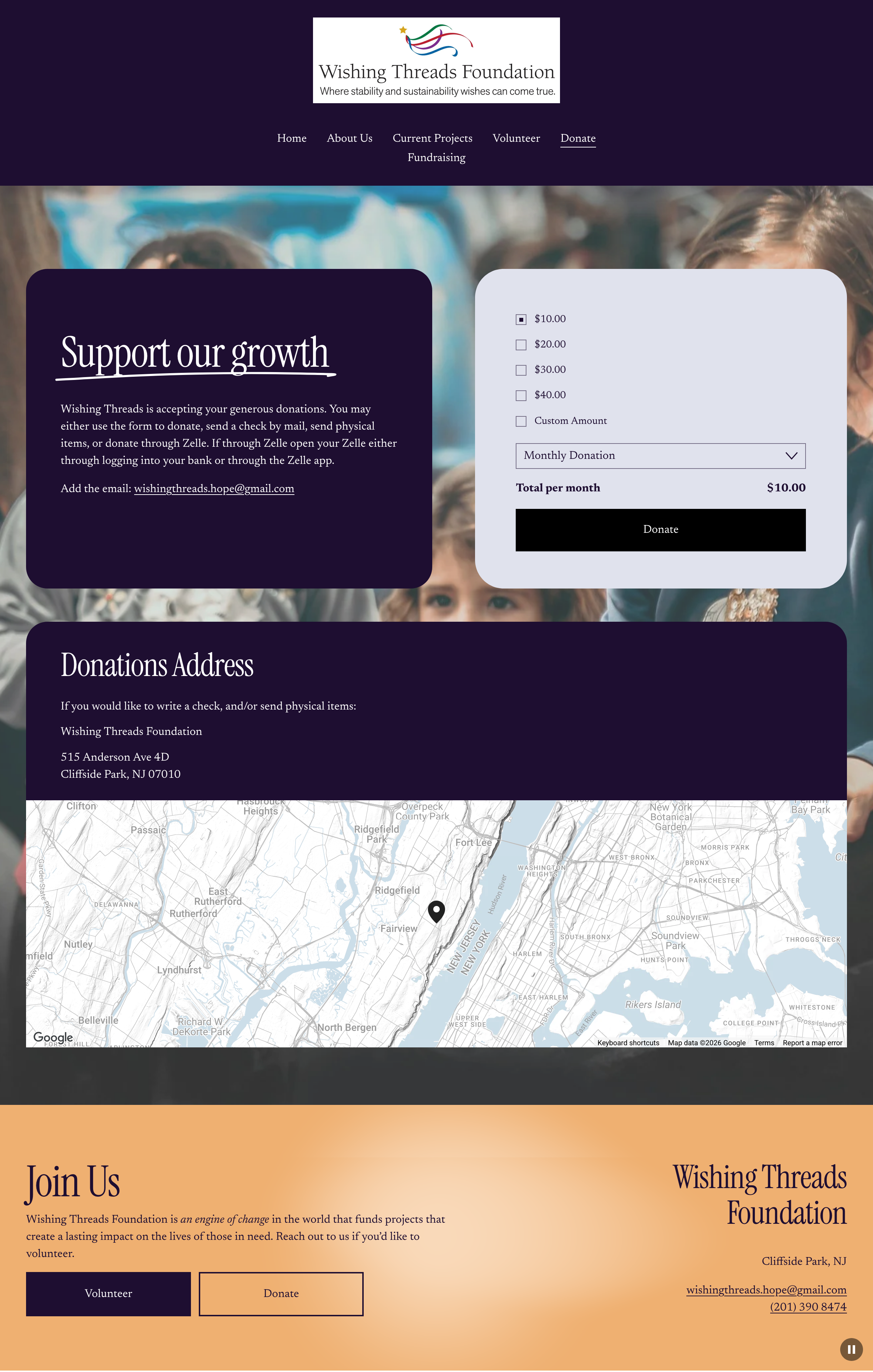 Screenshot of the Wishing Threads Foundation website showing the foundation's logo, navigation menu, donation form, address, a map, and a section inviting people to join or volunteer.